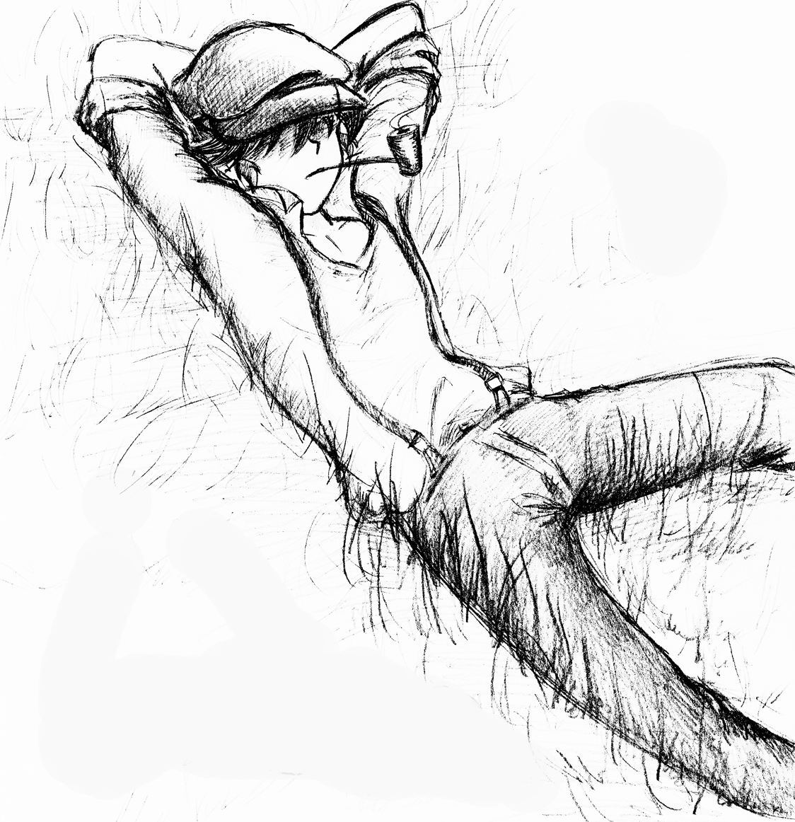Huckleberry Finn laying in the grass smoking a pipe pencil sketch