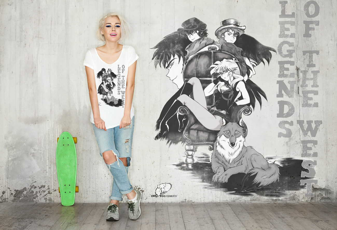 Skateboard blonde girl standing on a wall with anime mural legends of the west graphic novel
