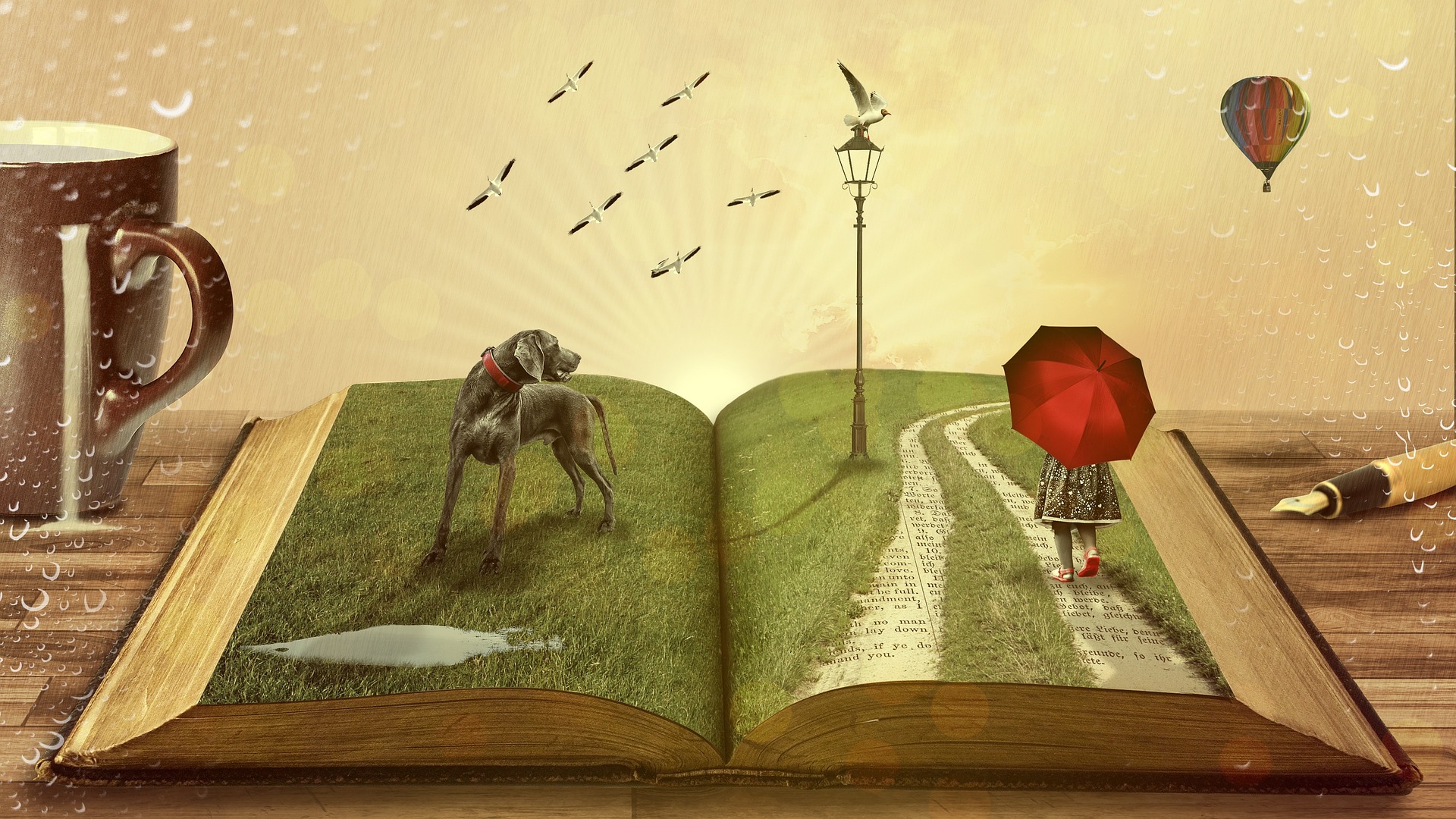 graphic illustration with an open book, little girl walking with a red umbrella and an hunting dog