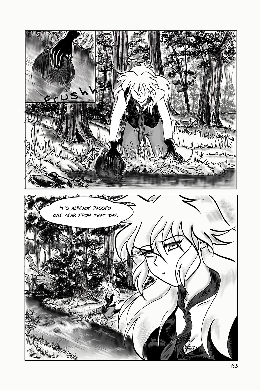 Page 103-Legends of the West black and white comic page manga girl getting water in a creek