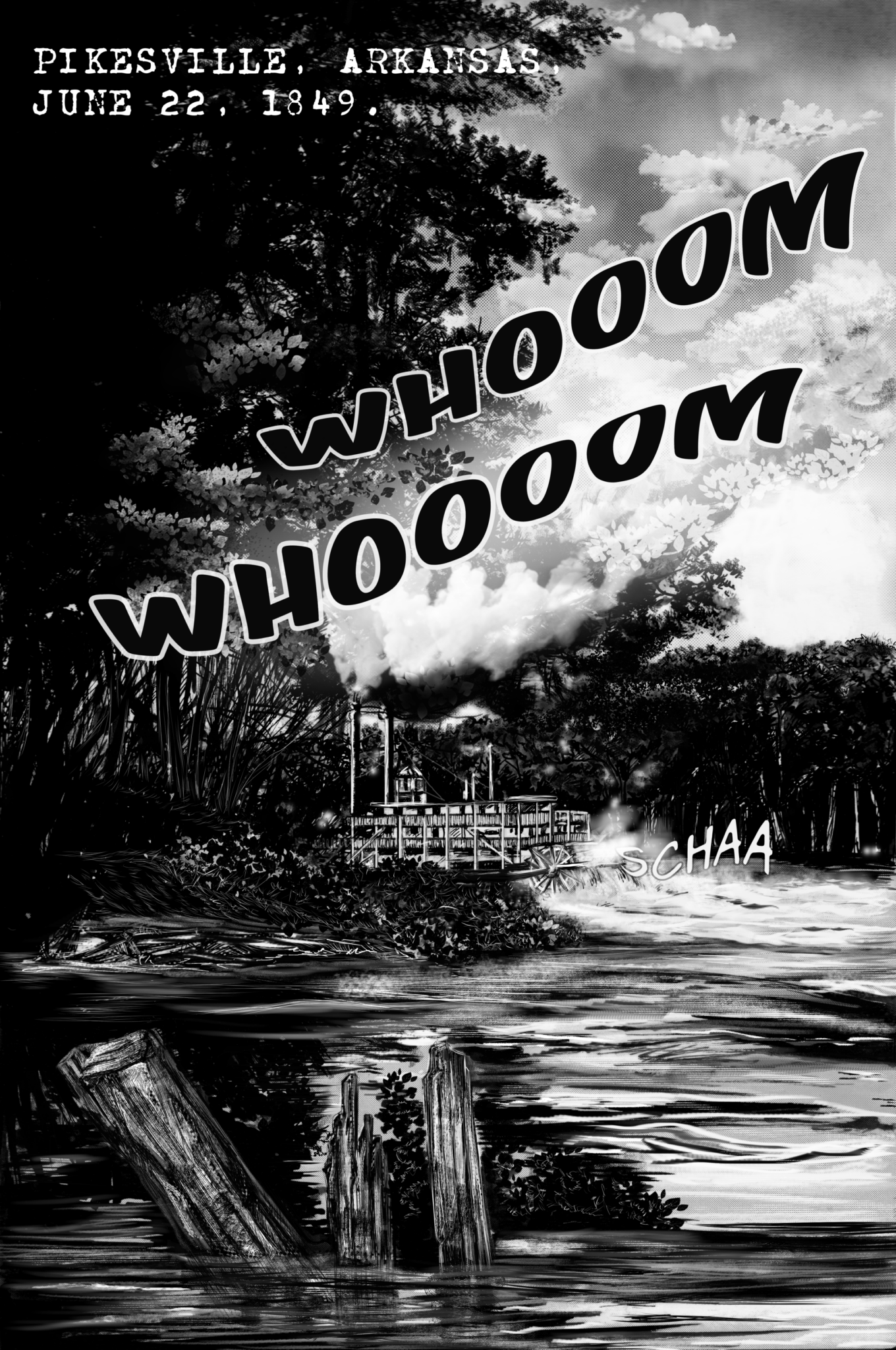 Legends of the West graphic novel web page black and white with gray tones steamboat navigating a river steaming. Comic page drawing