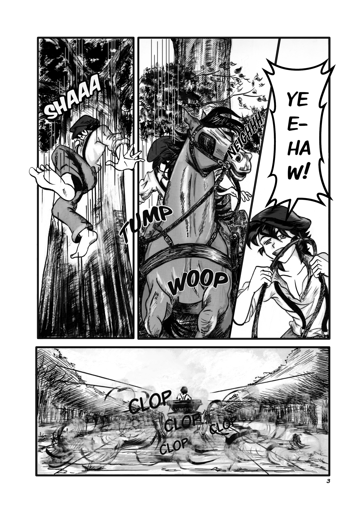 Legends of the West comic book page black and white with gary tones, Huckleberry Finn jumping down from a tree into a carriage riding away.