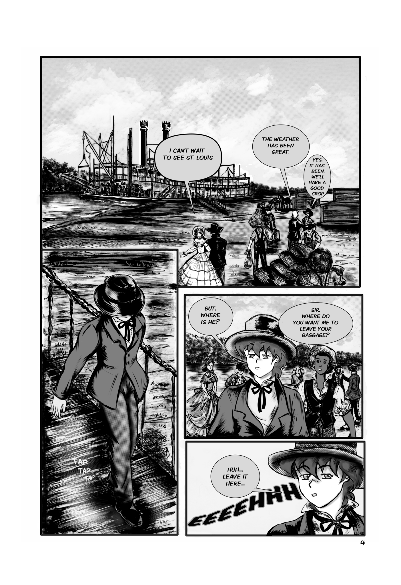 Legends of the West graphic novel black and white with gray tones page, drawing of Tom Sawyer with steamboat on the background.
