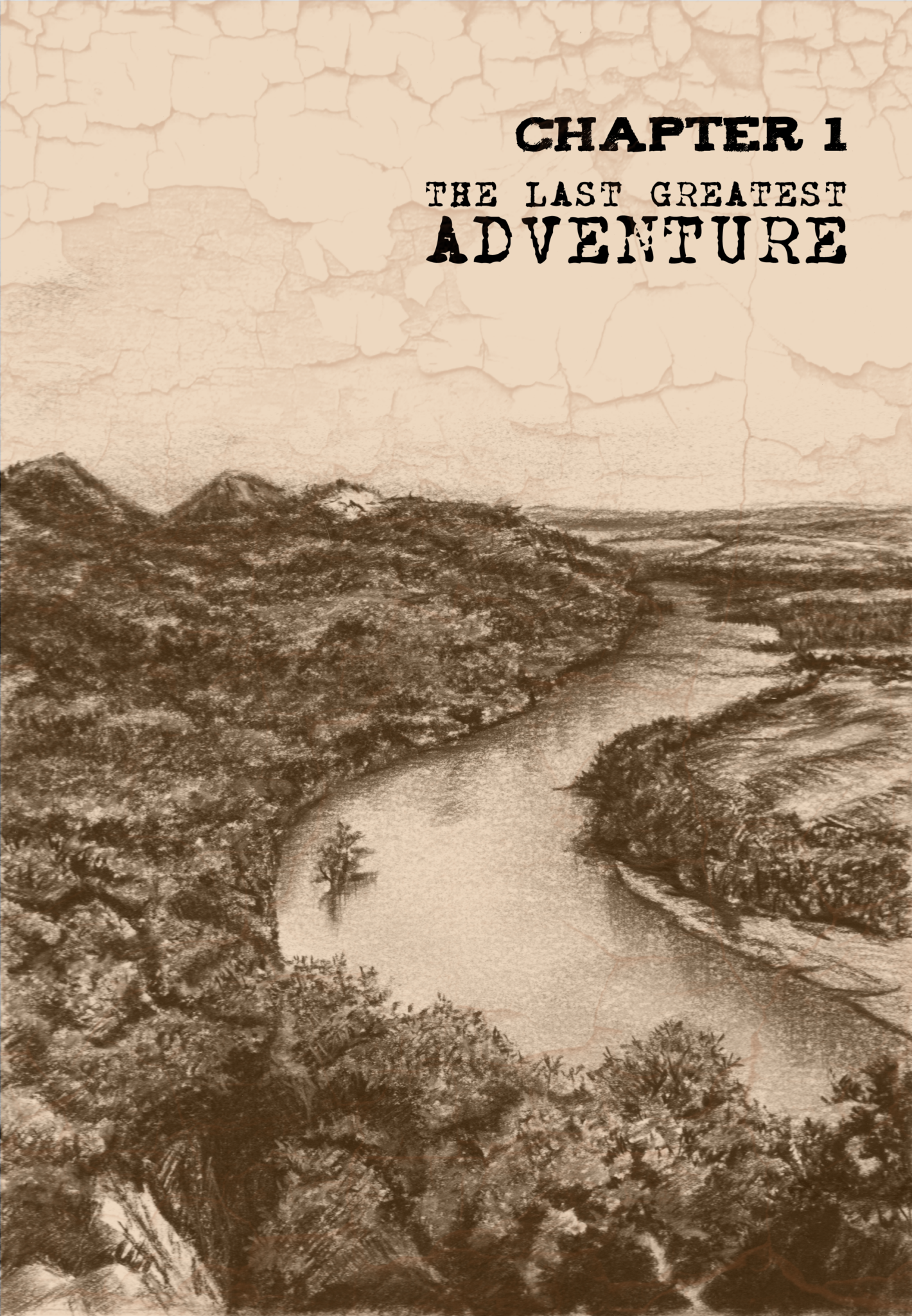 Pencil drawing of a river surrounded by a forest.Black and white with sepia background. Legends of the West chapter one cover.