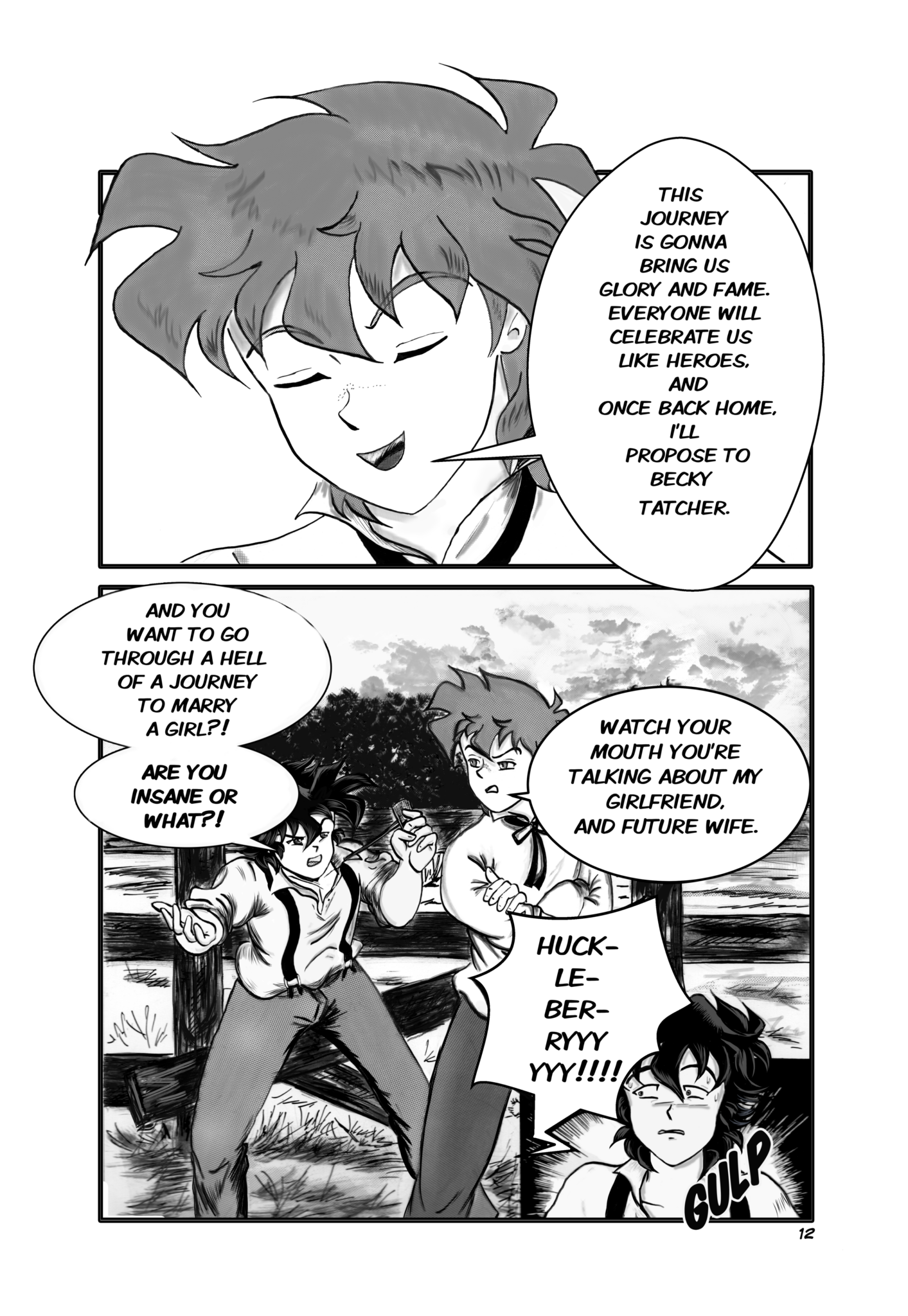 Legends of the West page, Tom Sawyer's talking to Huck Finn about his plan to go to California.