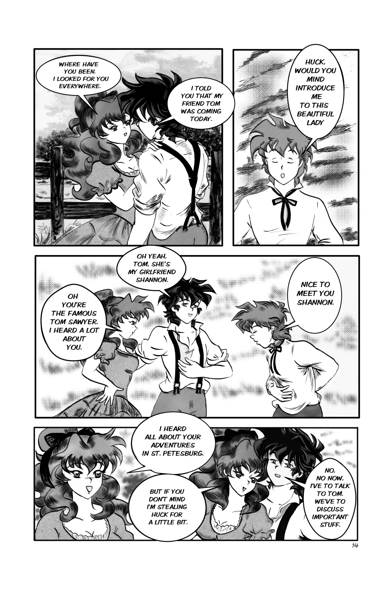 Legends of the West graphic novel page black and white drawing with grey tones, Huckleberry Finn, Tom Sawyer, and Shannon.