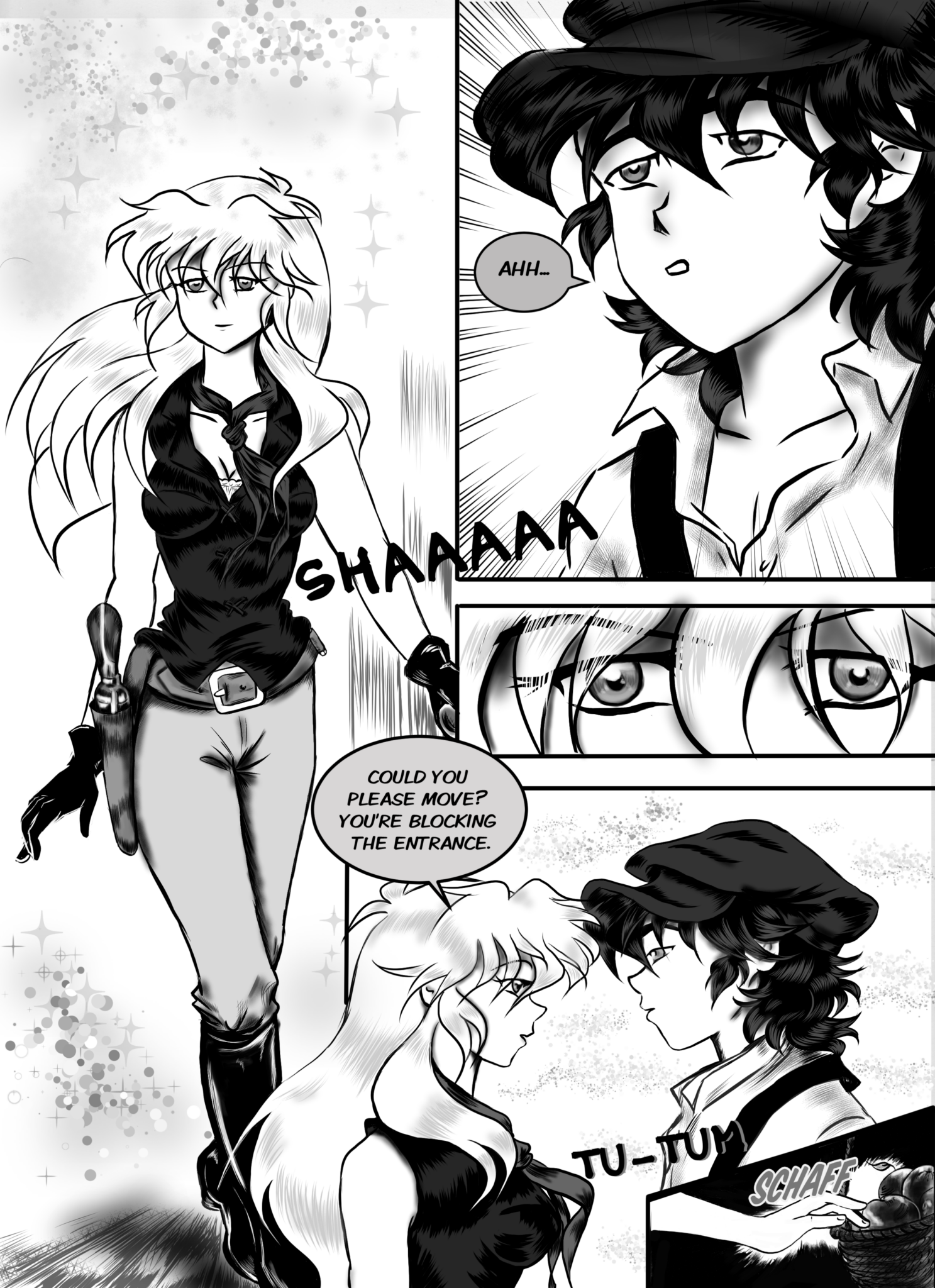 Legends of the West page black and white drawing with gray tones. Huck Finn, and Tom Sawyer meet Sally McKay.