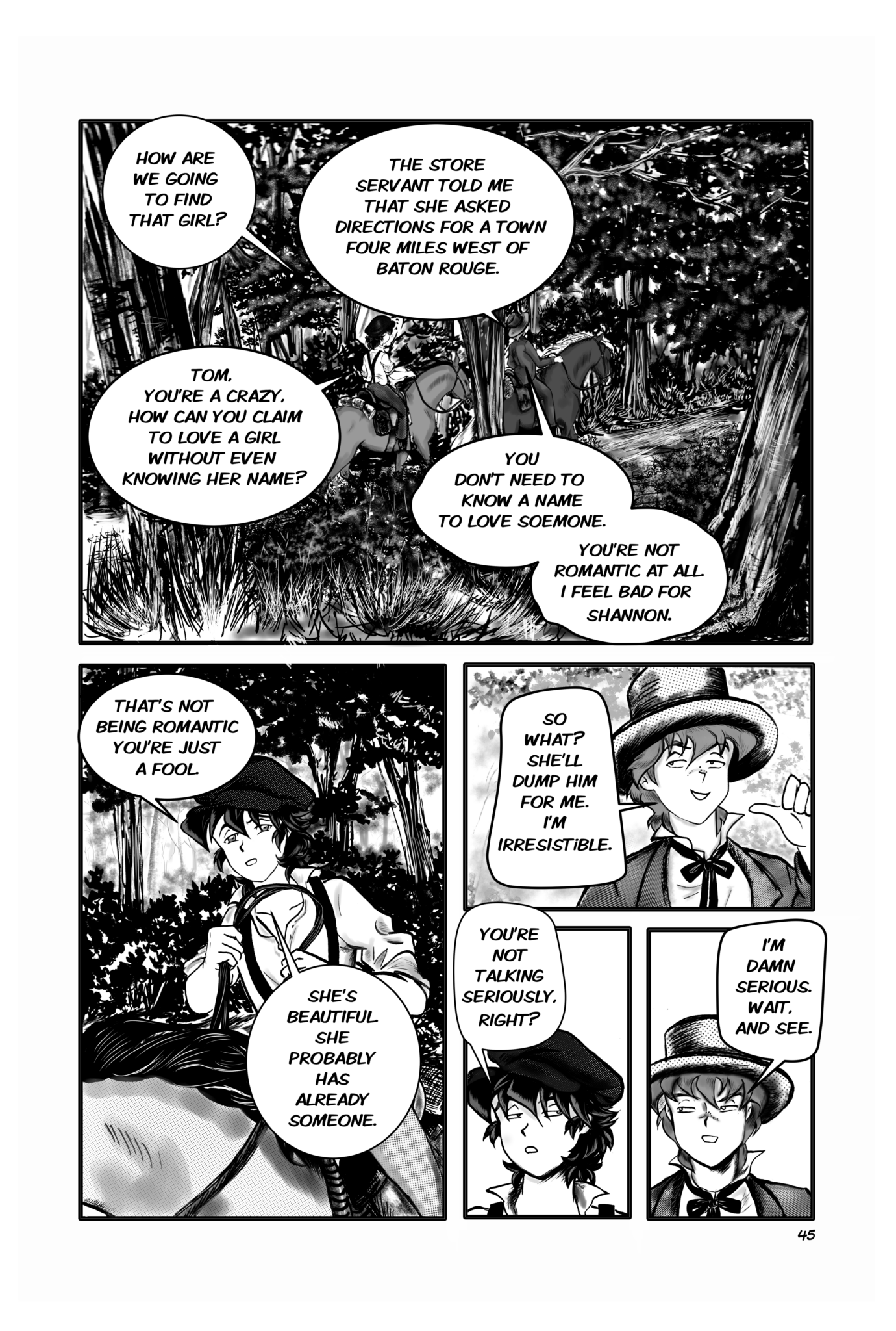 Manga page black and white, Tom Sawyer and Huckleberry Finn riding on a horse into the woods.