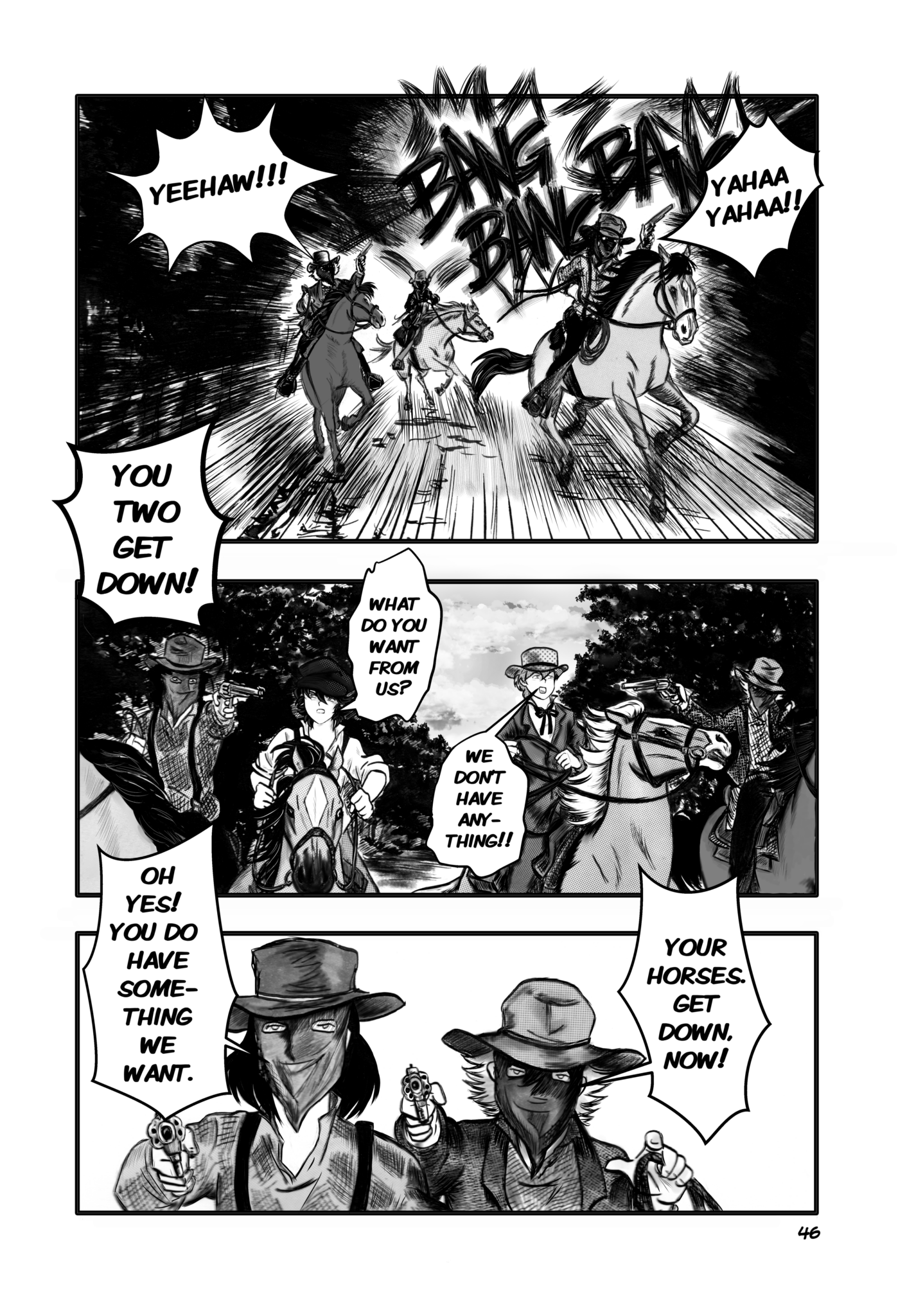 Manga page black and white Tom Sawyer and Huckleberry Finn getting attacked by some bandits.