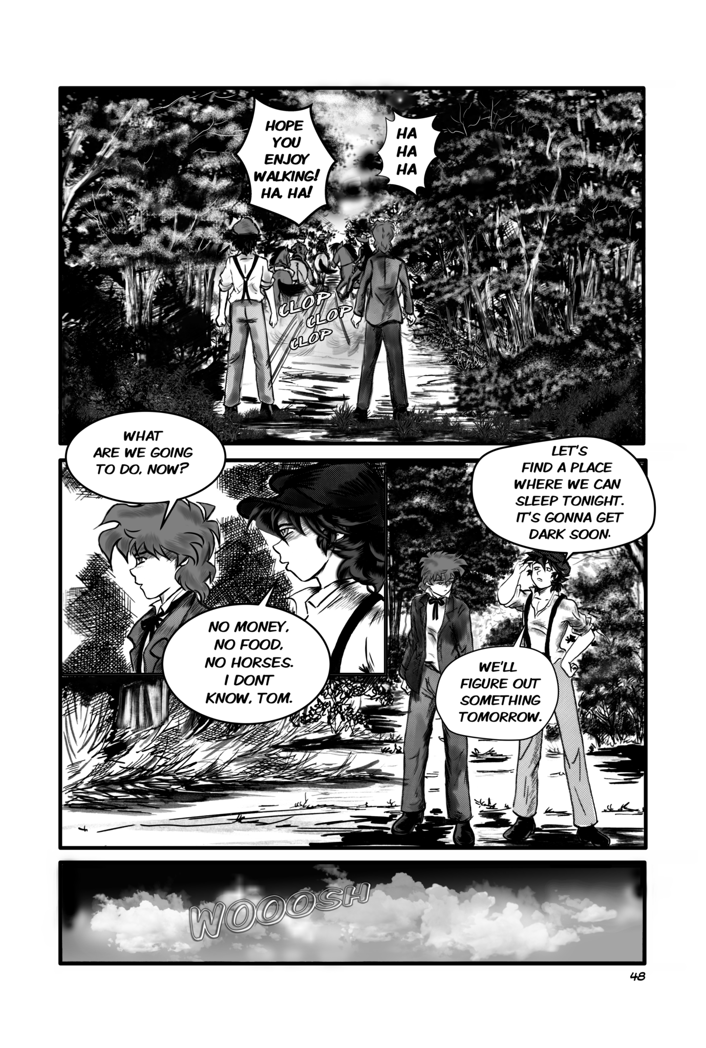Manga page black and white Tom Sawyer and Huckleberry Finn got robbed by horse thieves.