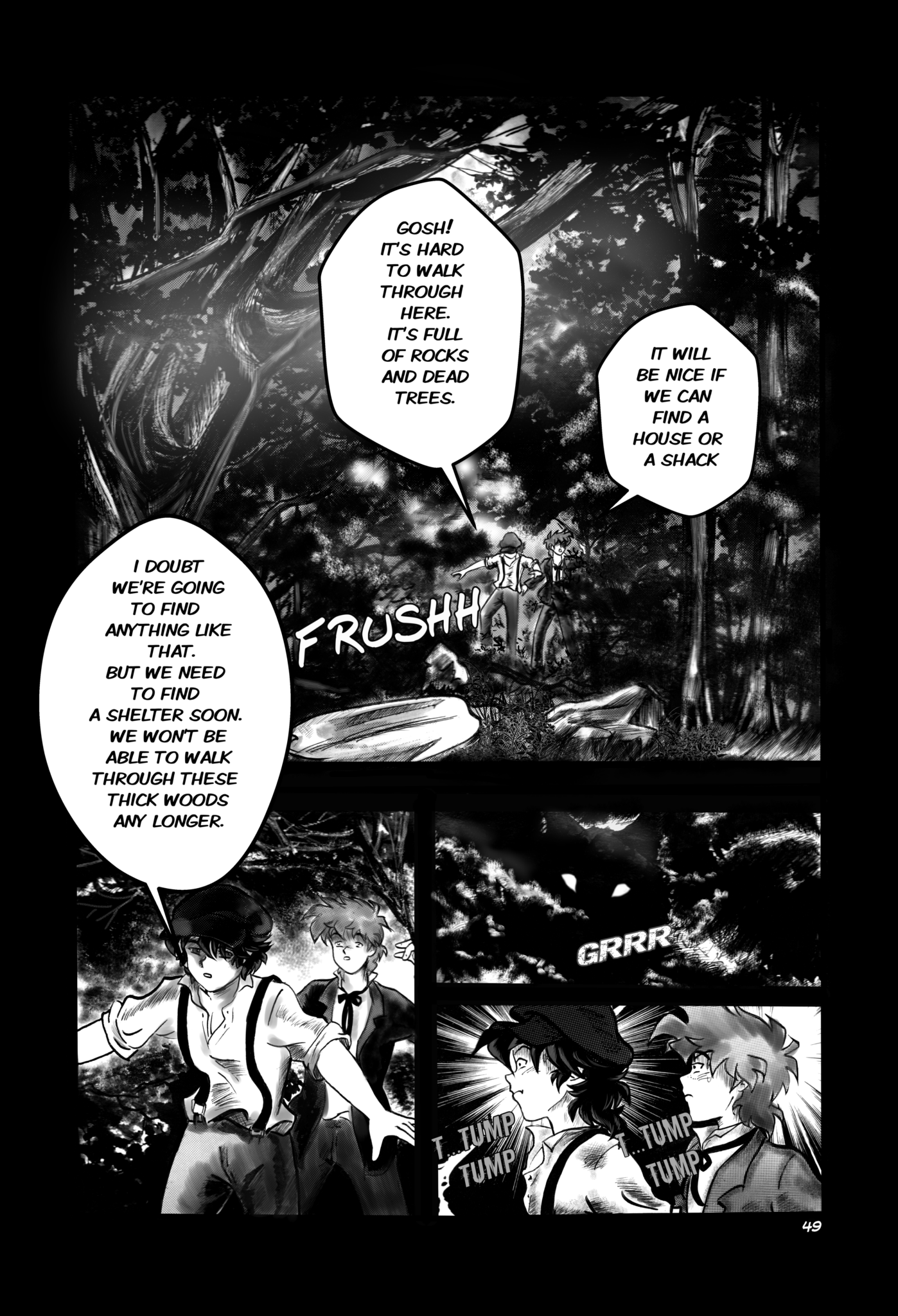 A four-panel comic page of legends of the West, black and white illustration, Huckleberry Finn and Tom Sawyer are walking in the dark into a thick forest while all of sudden they hear a growling noise. The art style is westerner manga.