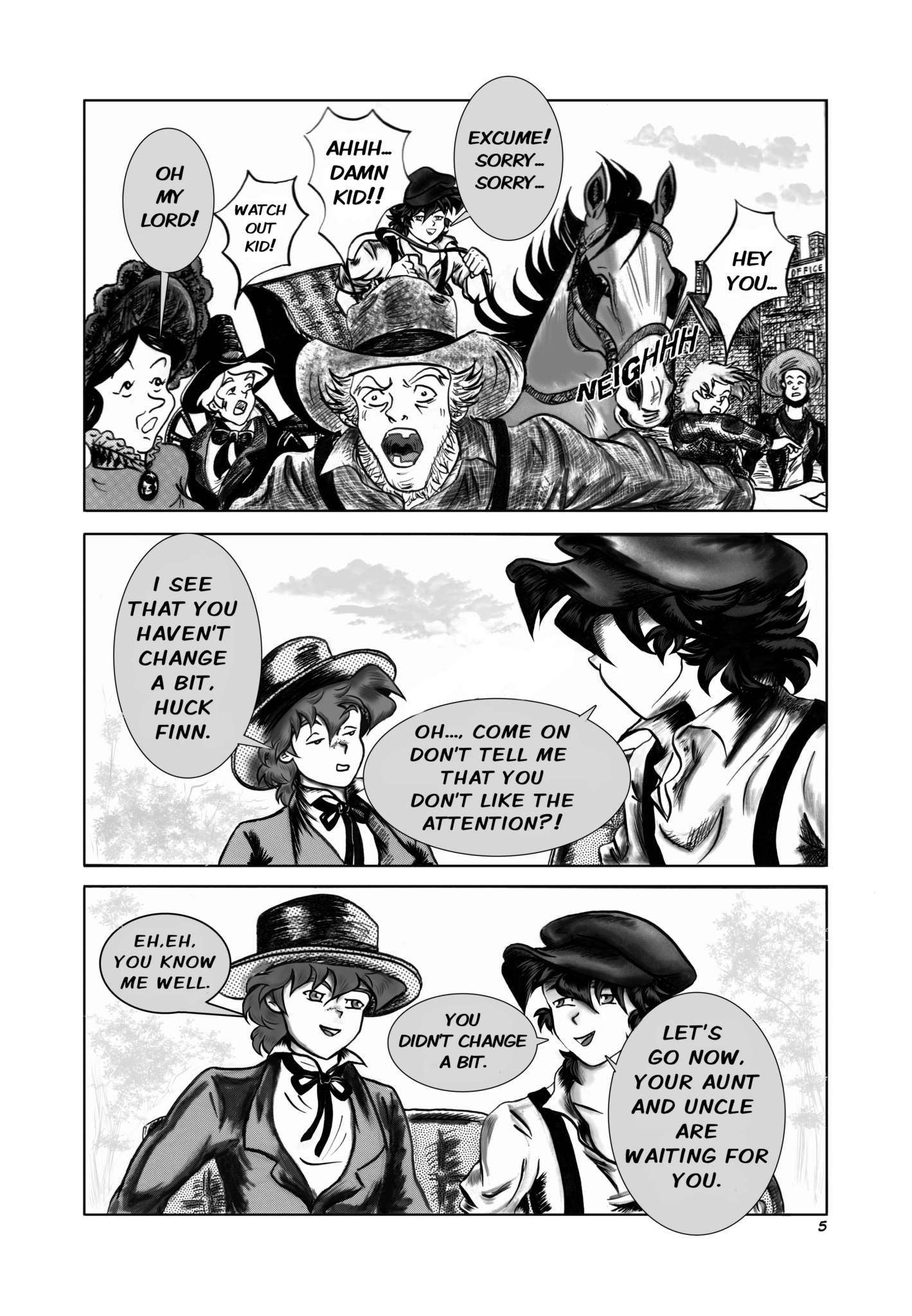 Legends of the West graphic novel page with Tom Sawyer and Huckleberry Finn black and white with grey tone drawing.