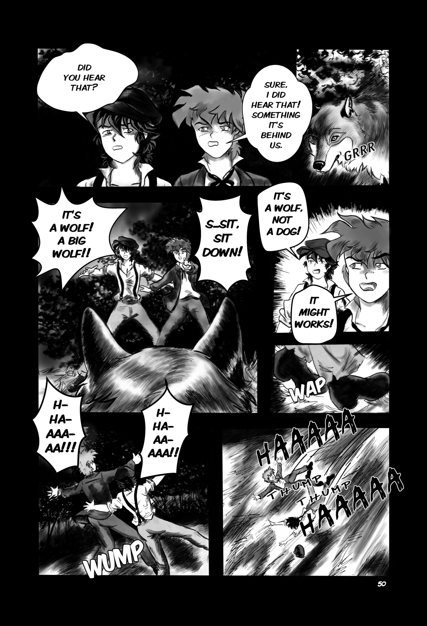 Seven-panel page of Legends of the West graphic novel manga style drawing, black and white. Tom Sawyer and Huck finn see a wolf coming out from a bush. In the last panel, the two guys fell down-hill