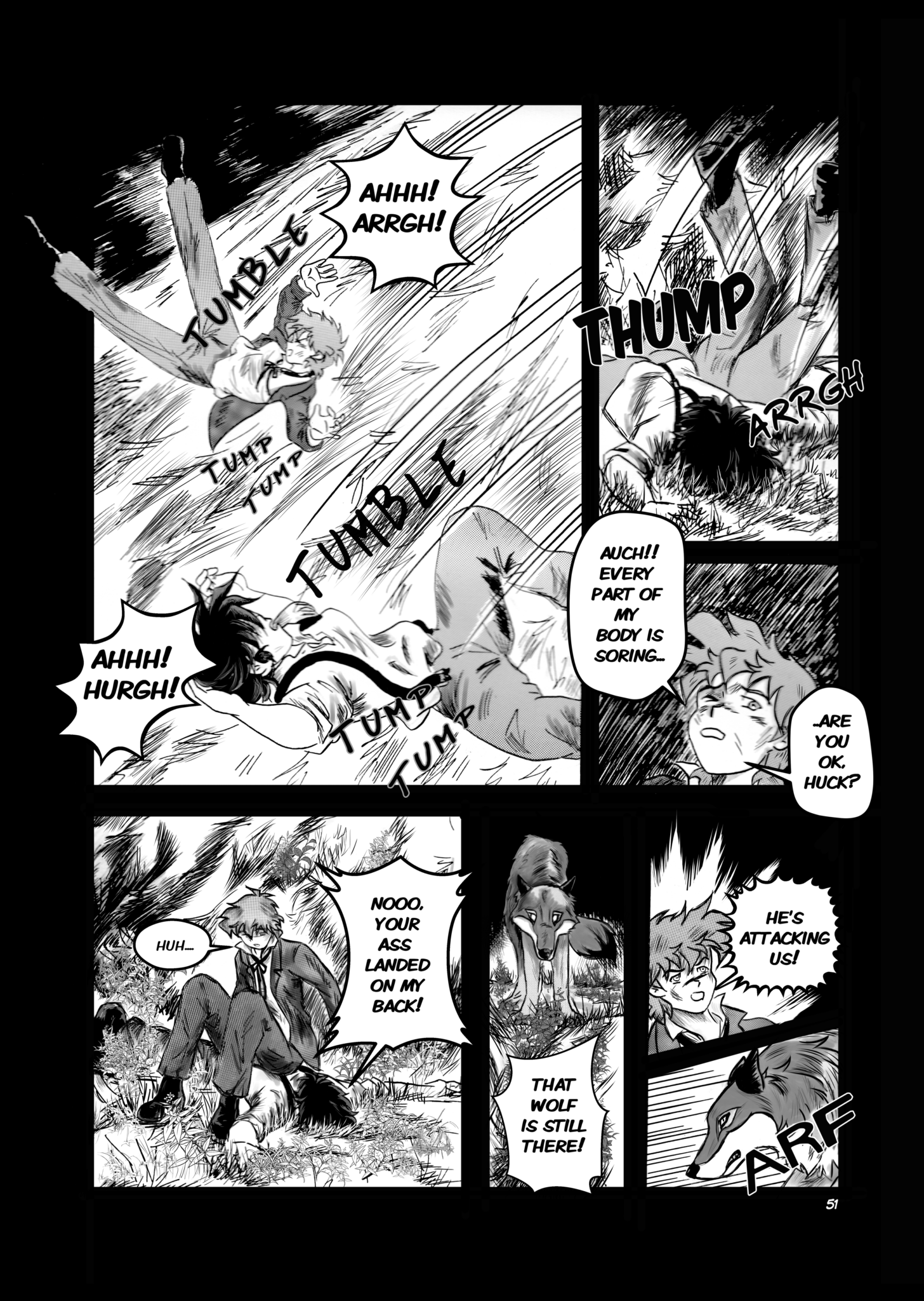 Seven-panel page of Legends of the West graphic novel manga style drawing, black and white. Tom Sawyer and Huck Finn are rolling down the hill. In one of the panel Tom landed on top of Huck who is lying face-down in the grass.