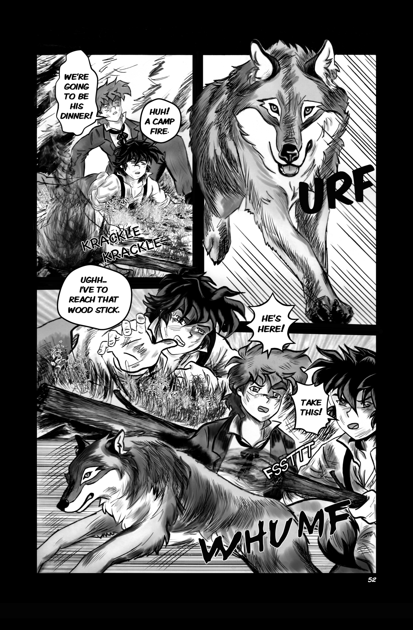 Legends of the West graphic novel. Manga page black and white manga page,a wolf is running towards Huck and Tom.