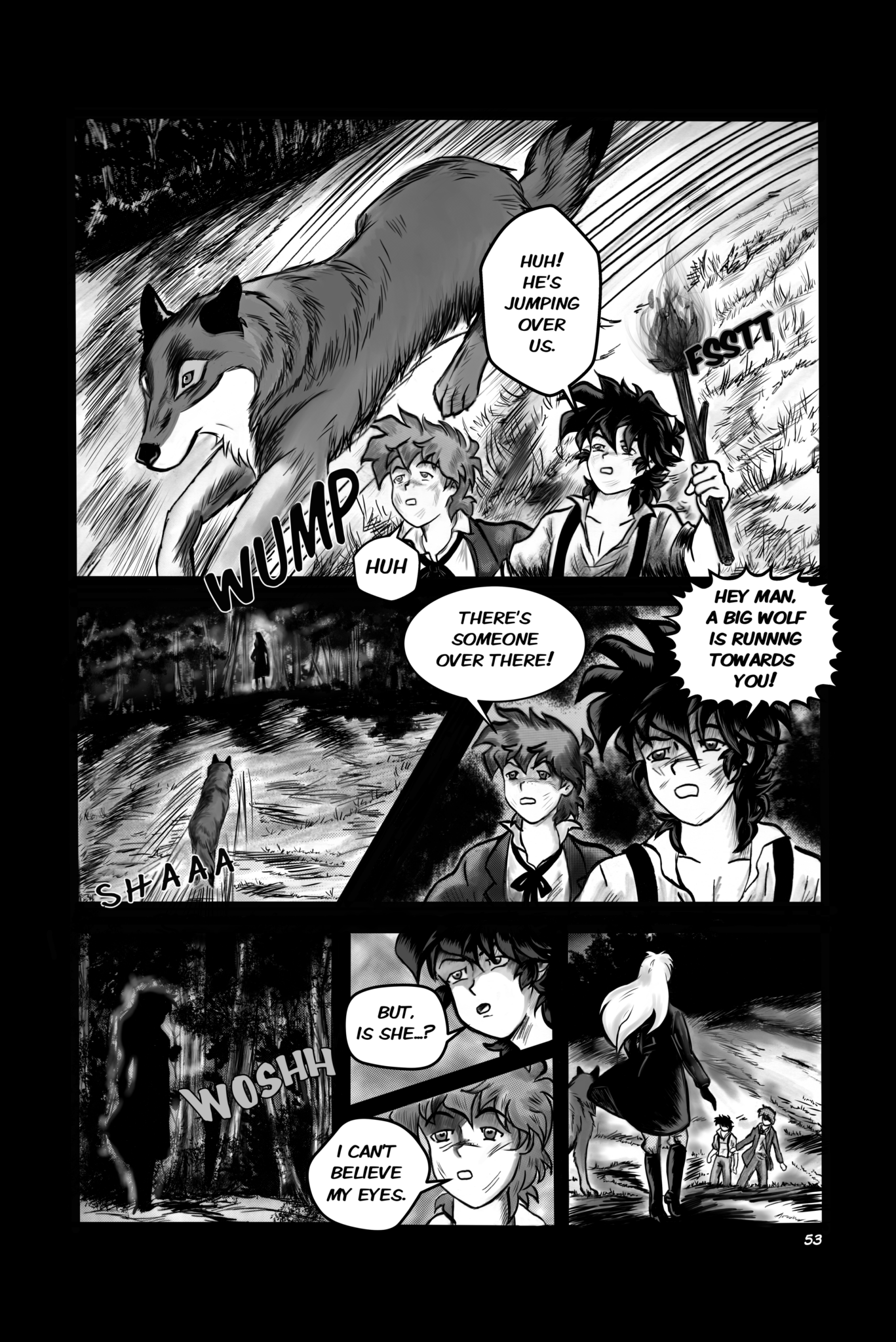 Legends of the West graphic novel page 53 black and white drawing the wolf is jumping over Tom and Huck.