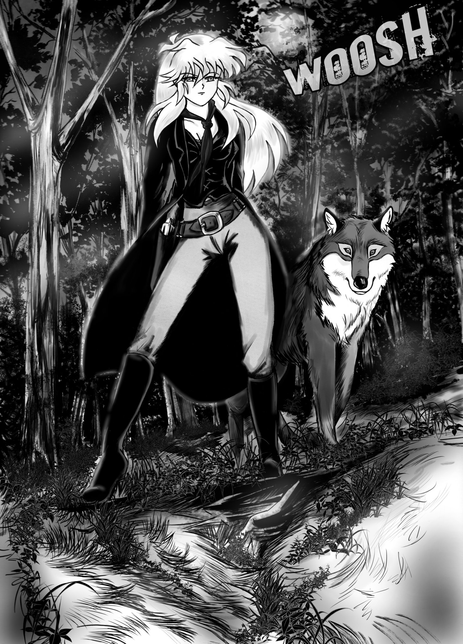 Legends of the West graphic novel page 54, entire page illustration of Sally McKay with the wolf beside her.