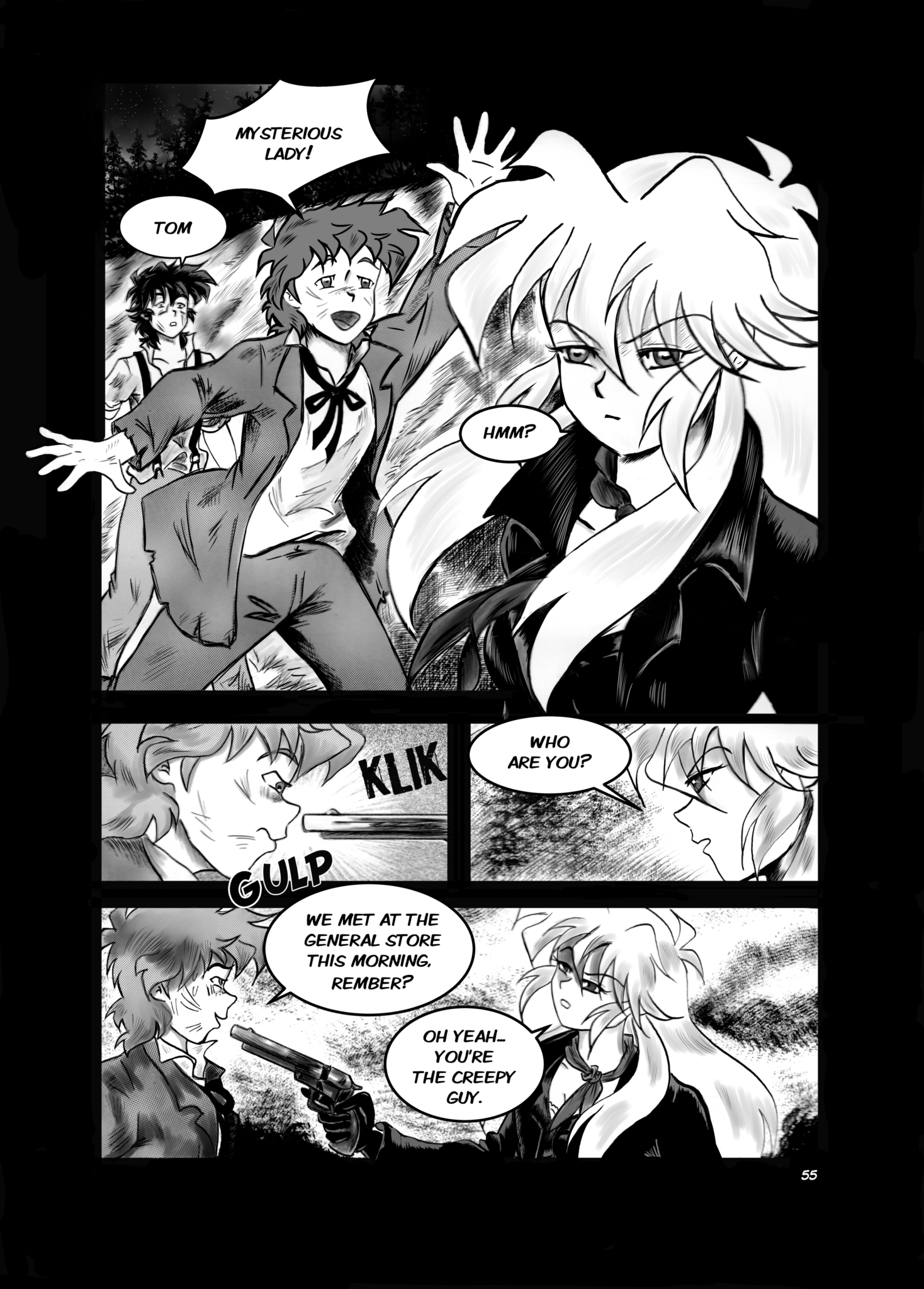 Black and white Manga page of legends of the west Huck and Tom meet Sally, she is pointing a gun at Tom's Face