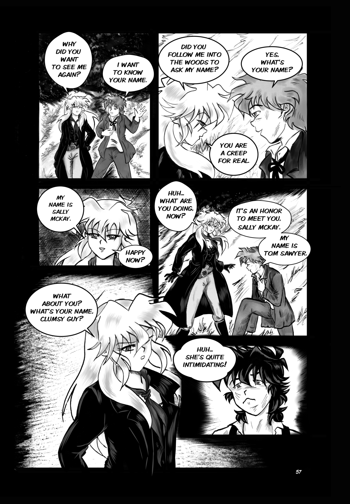 Legends of the West page 57, six panels with Tom and Huck talking to Sally.