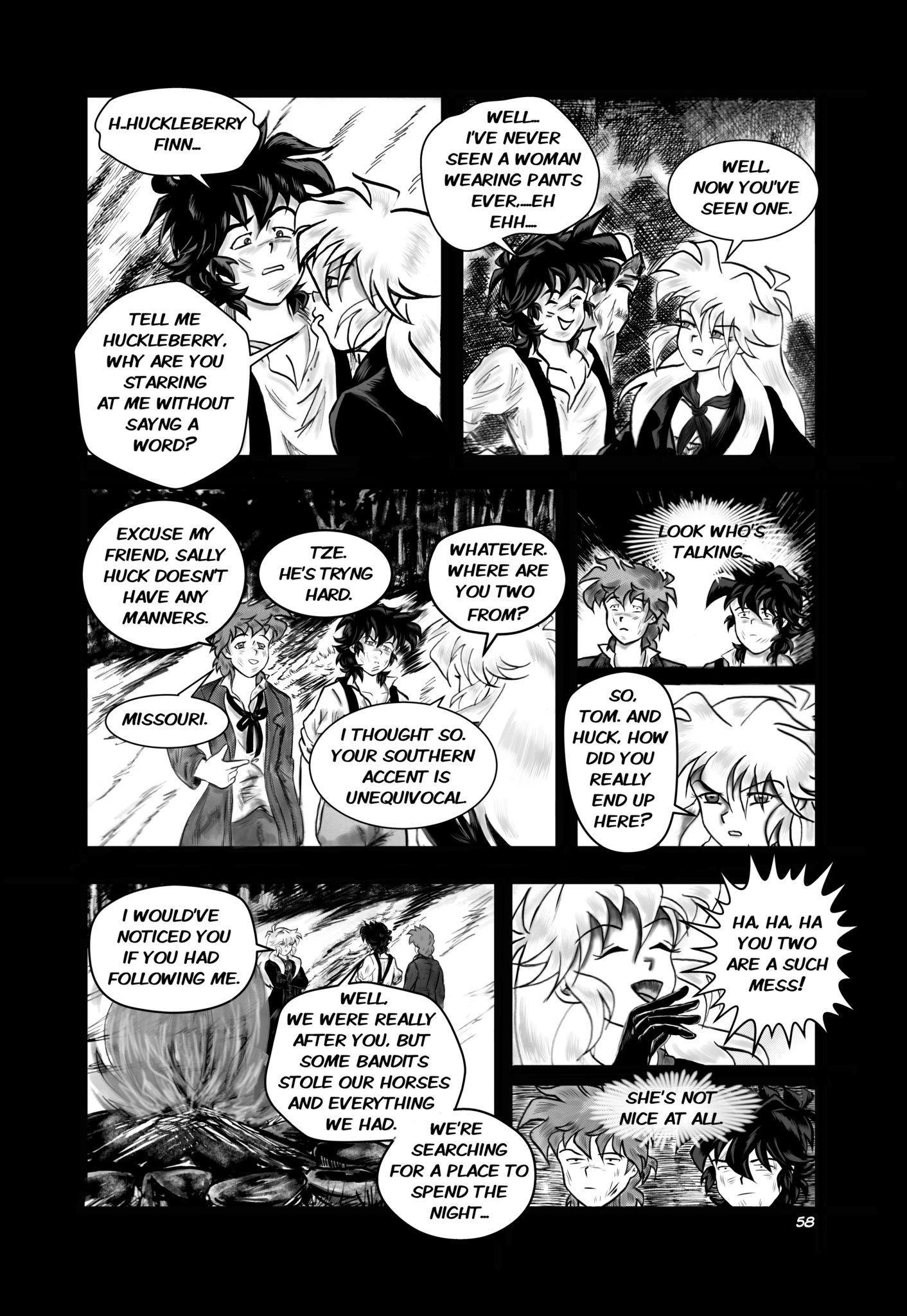 Legends of the West graphic novel, eight panels black and white , and gray tones. First panel Sally is questioning Huck.