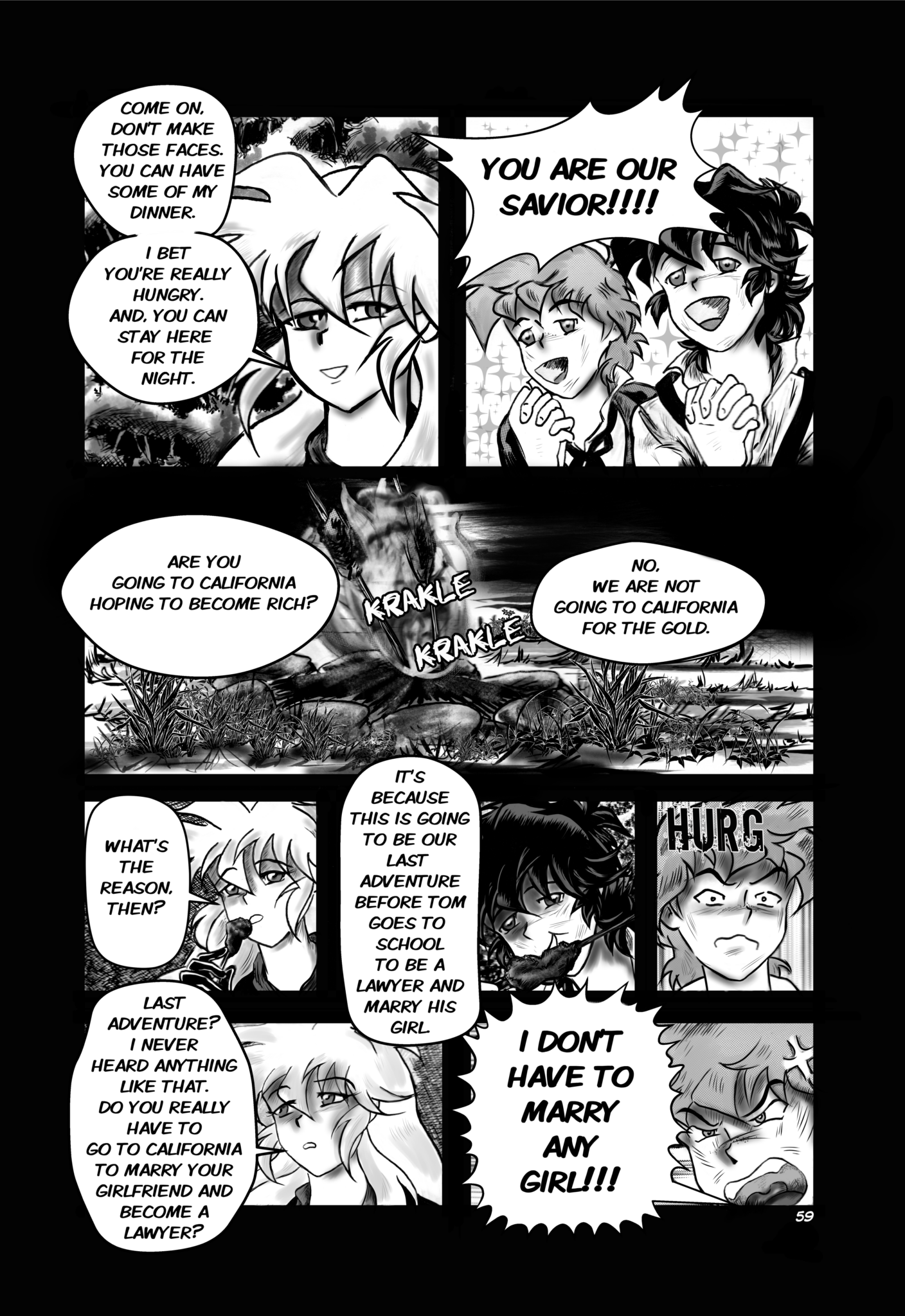 Legends of the West graphic novel page, Sally offers her food to Huck and Tom.