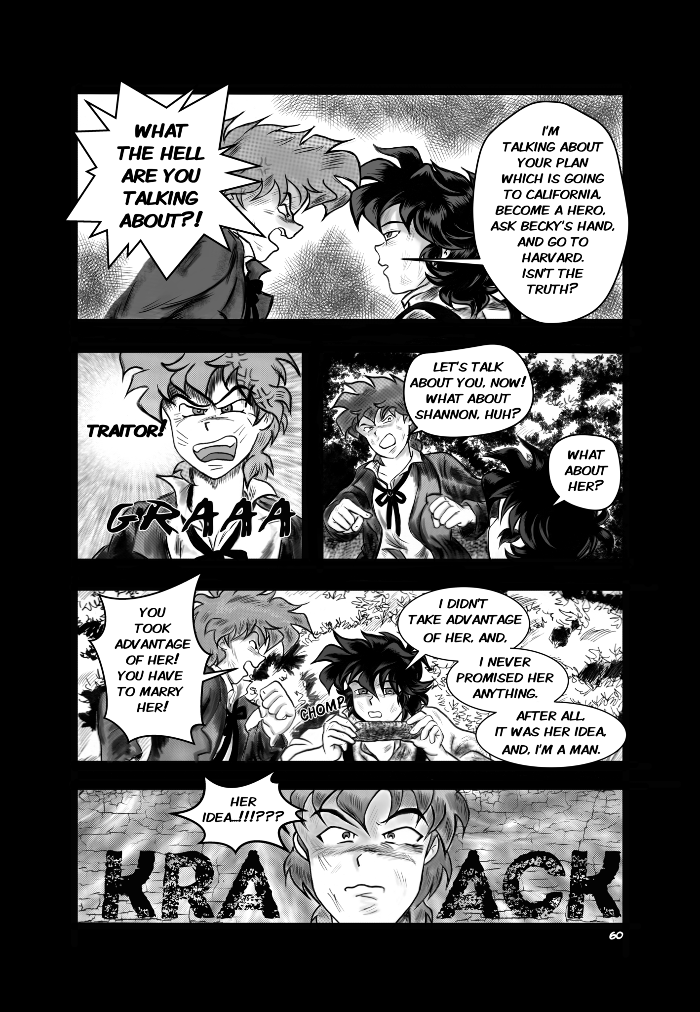 Legends of the West page 60 , five panels, Tom, Huck, and Sally around a fire eating and talking.