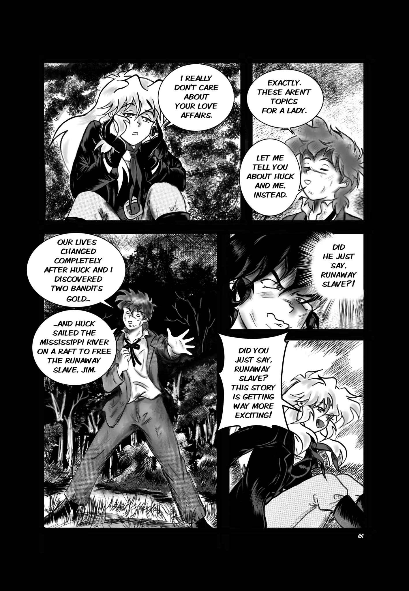 Legends of the West Graphic Novel five panels page , black and white with grey tones , Tom sawyer tells to Sally about Huck and him story.