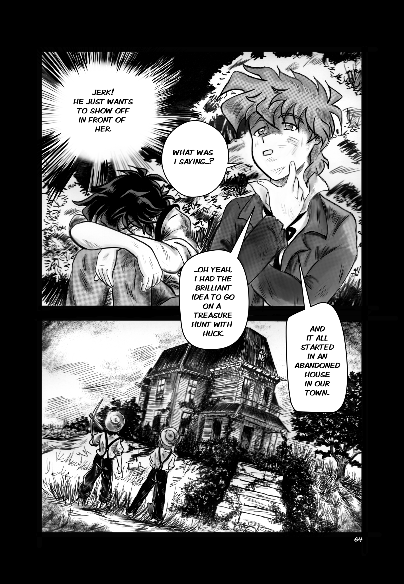 Legends of the West Graphic Novel five panels page , black and white with grey tones , two panels page , last panel show the abandoned house where Tom and Huck discovered the two outlaws and the stolen money.