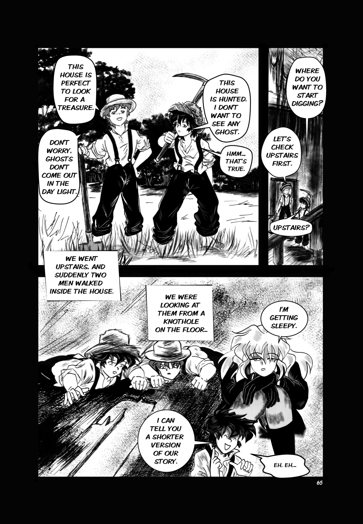 Legends of the West Graphic Novel five panels page , black and white with grey tones, three panels page. in the third panel Sally is getting sleepy because Tom's story is bit long.
