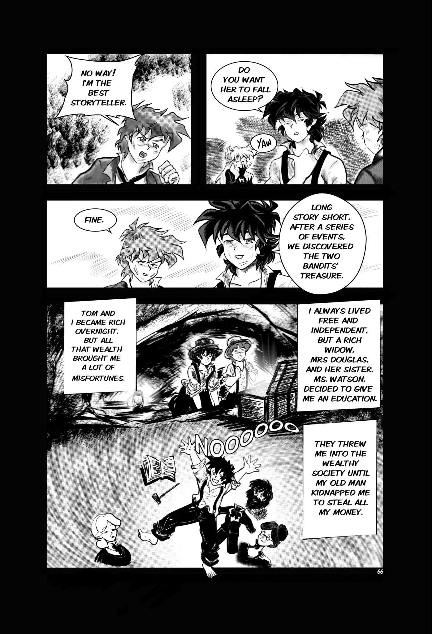 Legends of the West Graphic Novel five panels page , black and white with grey tones , four panels page , in this page Huck start to tell a shorter version of their story to Sally.