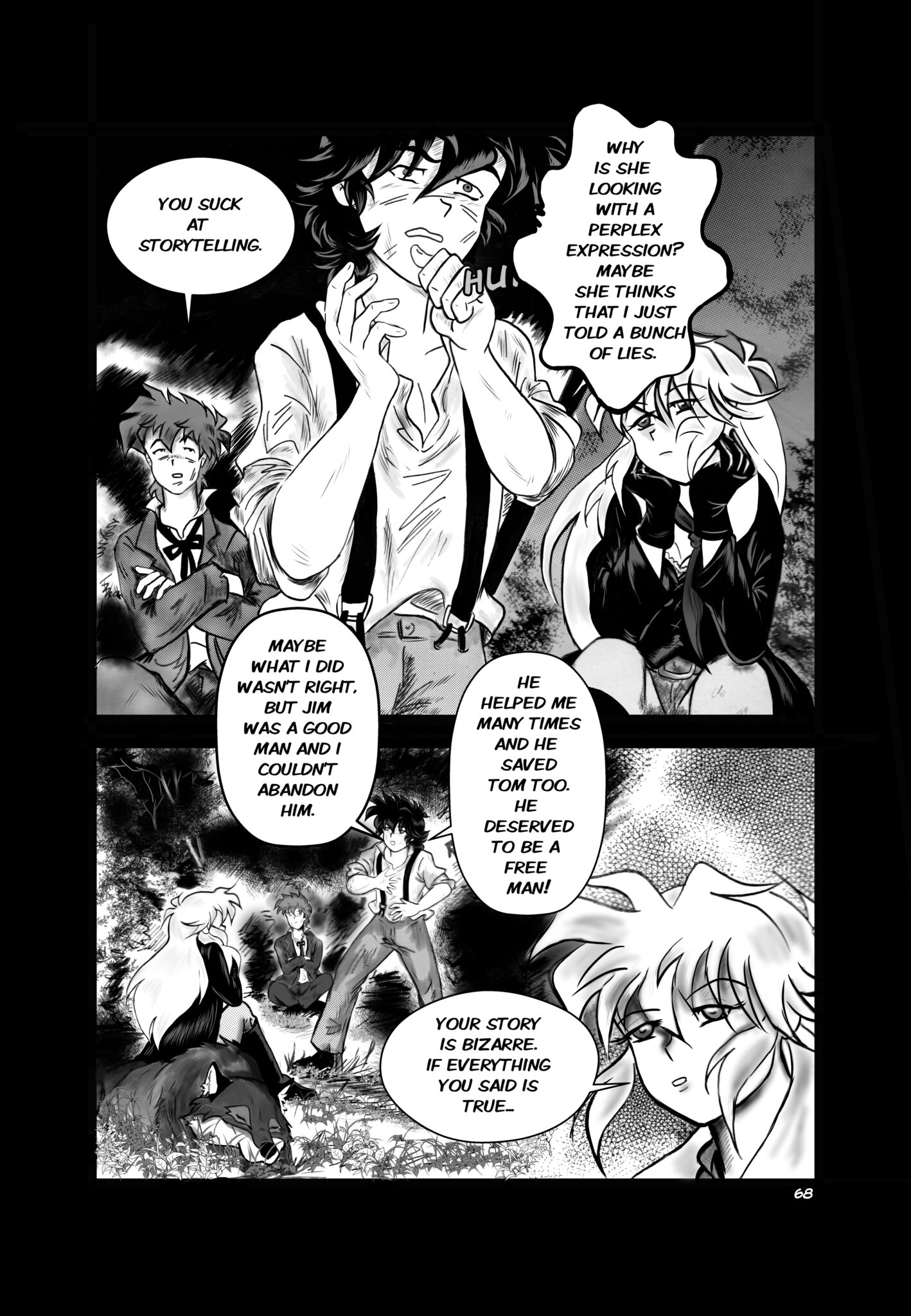 Legends of the West Graphic Novel five panels page , black and white with grey tones , two panels page , Huck 's wondering why Sally is looking at him without saying nothing.