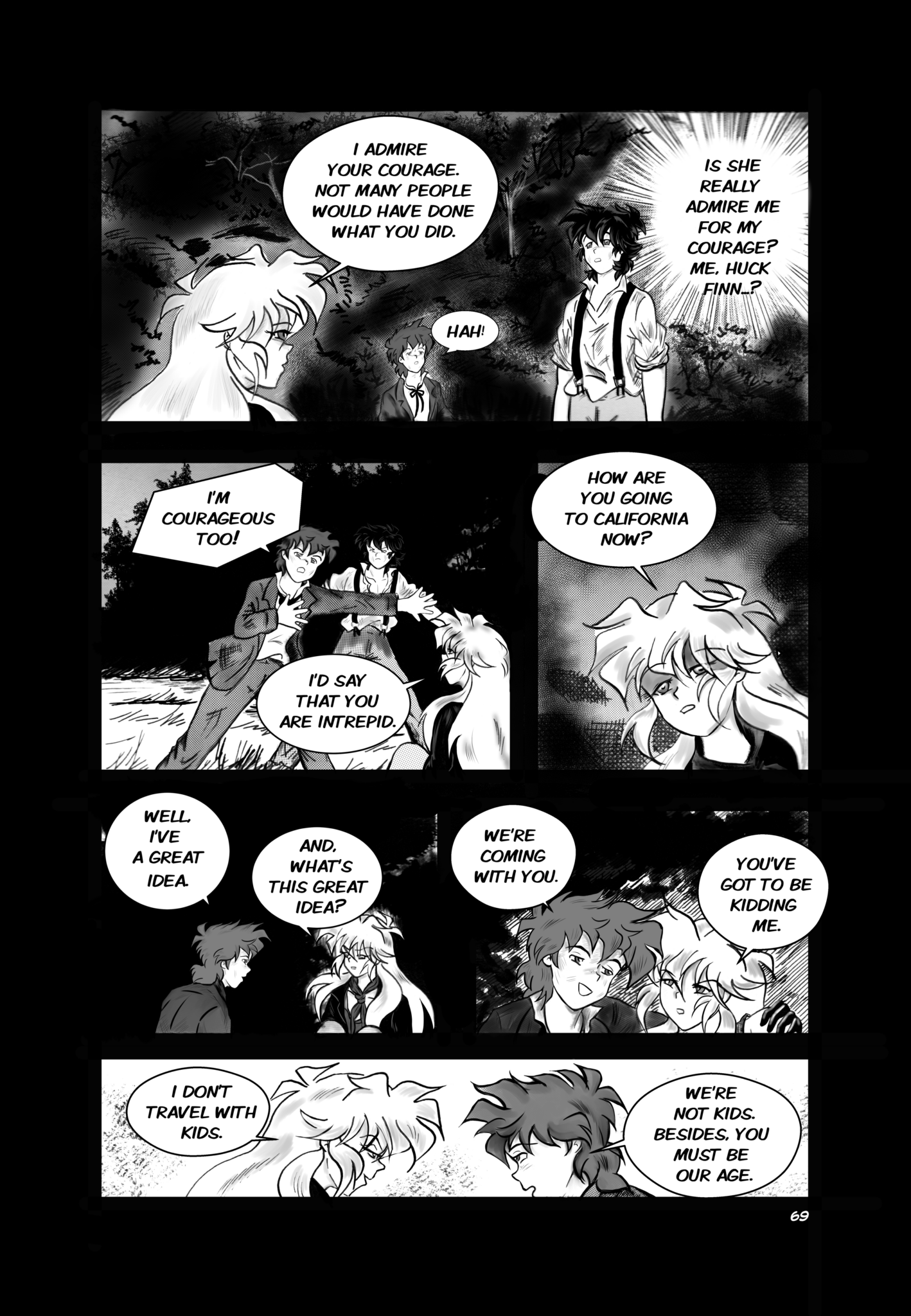 Legends of the West Graphic Novel five panels page , black and white with grey tones , six panels page , first panel Sally compliments Huck for his bravery.