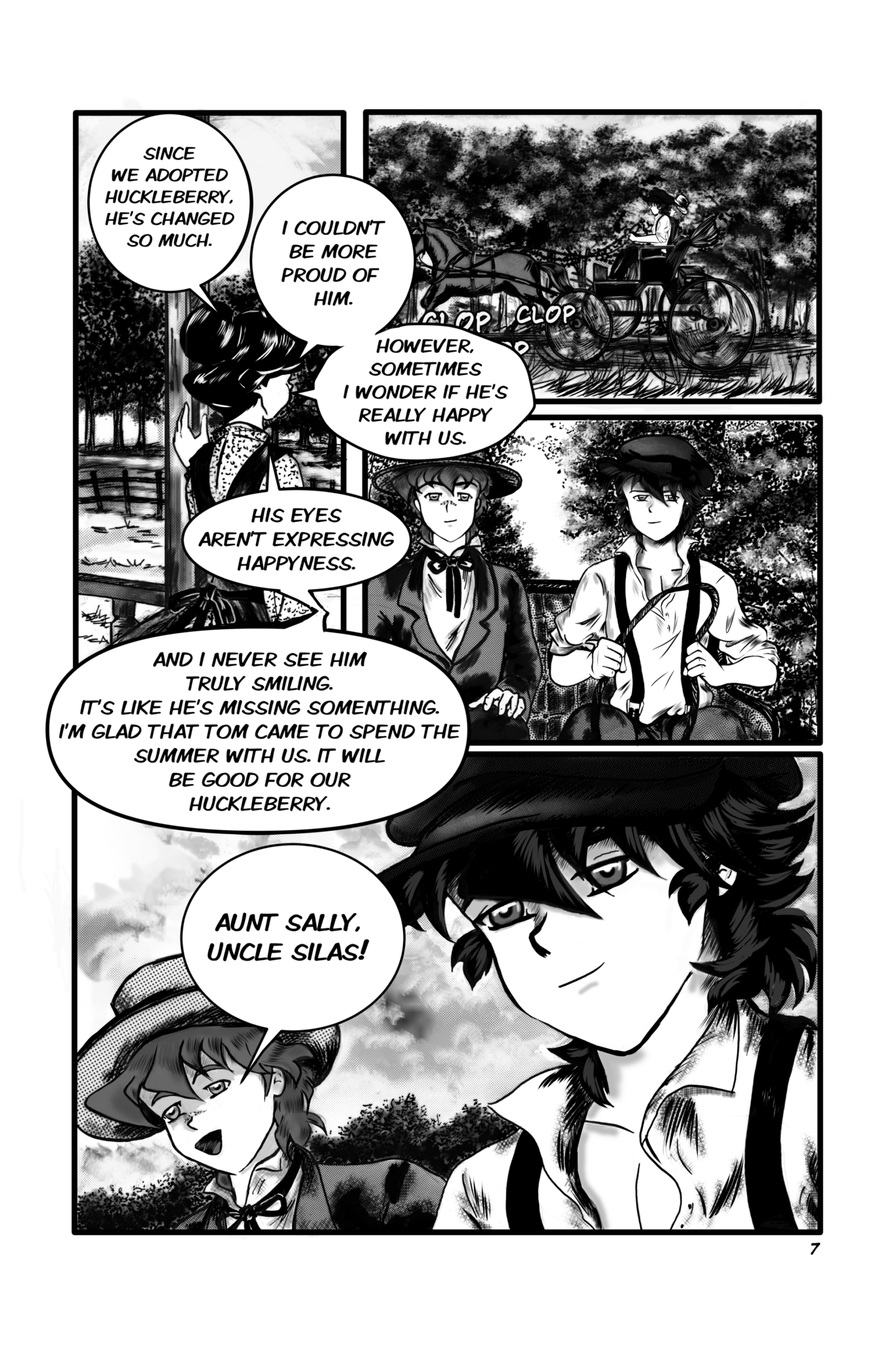 Legends of the West page, black and white illustration with grey tones, Huckleberry Finn and Tom Sawyer on a carriage.