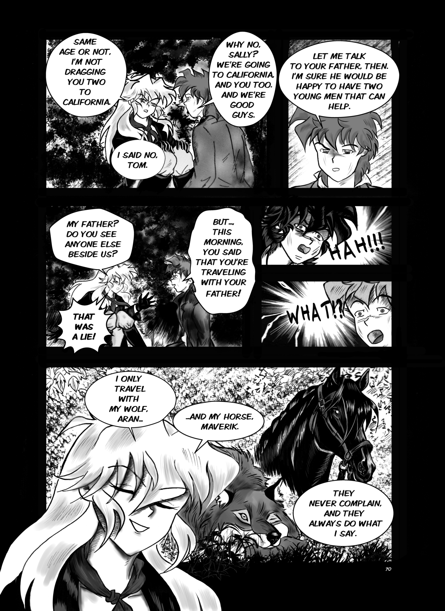 Legends of the West Graphic Novel five panels page , black and white with grey tones , six panels page , the last panel Sally reveals that she's traveling by herself.