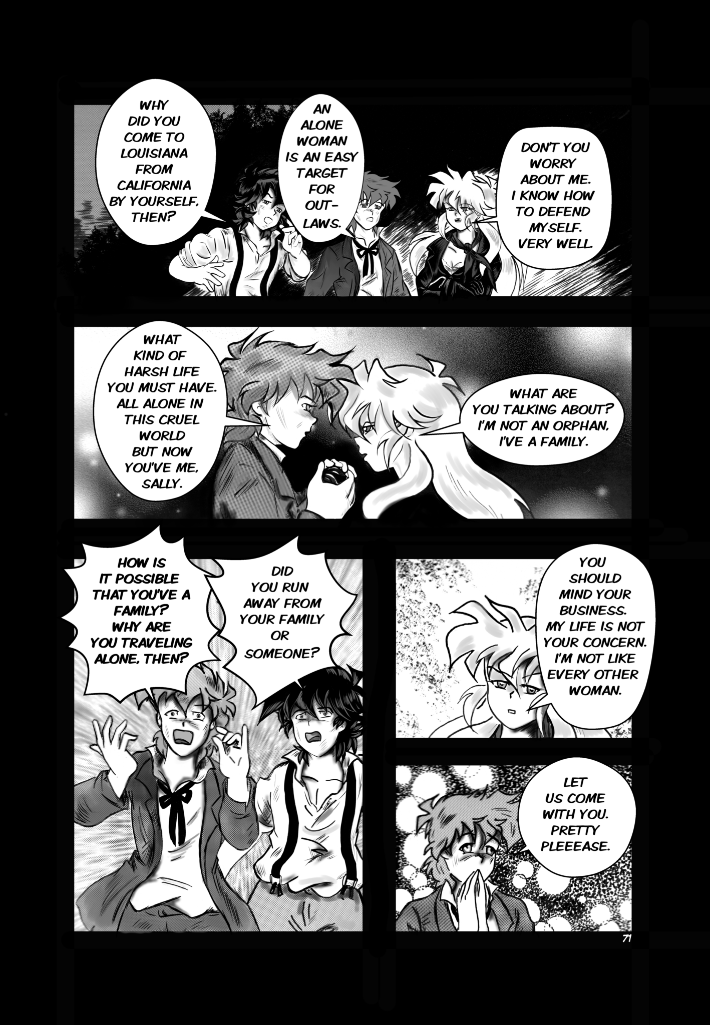 Legends of the West Graphic Novel five panels page , black and white with grey tones , five panels page, Tom and Huck are shocked to hear that Sally travels by herself.