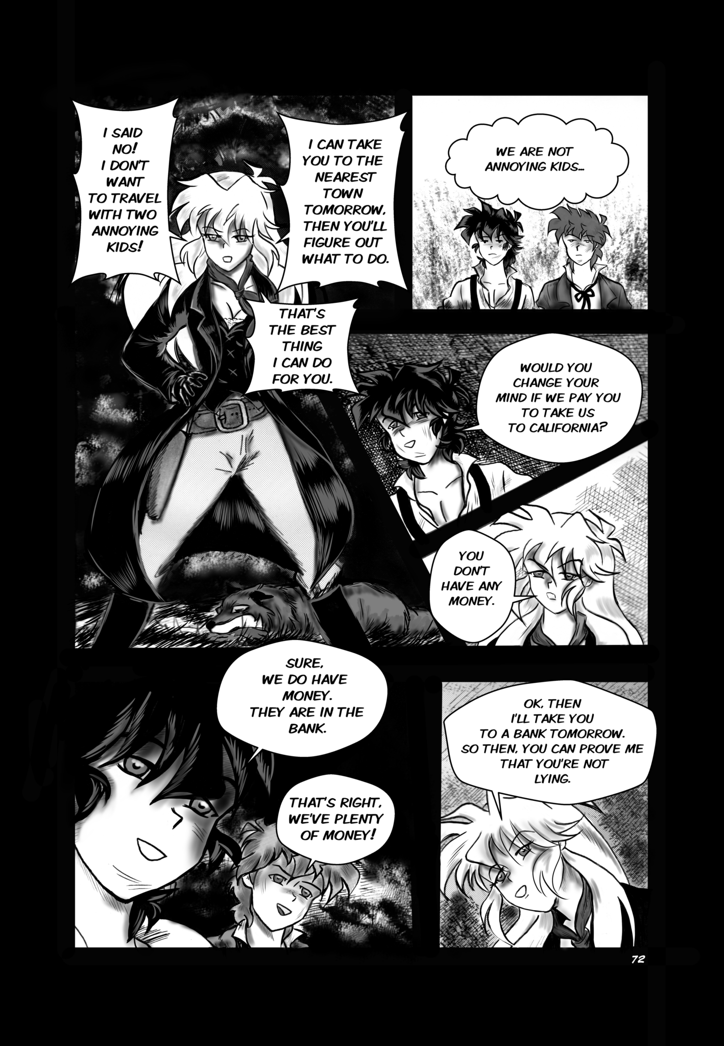 Legends of the West Graphic Novel five panels page , black and white with grey tones , five panels page, Tom and Huck are shocked to hear that Sally travels by herself.