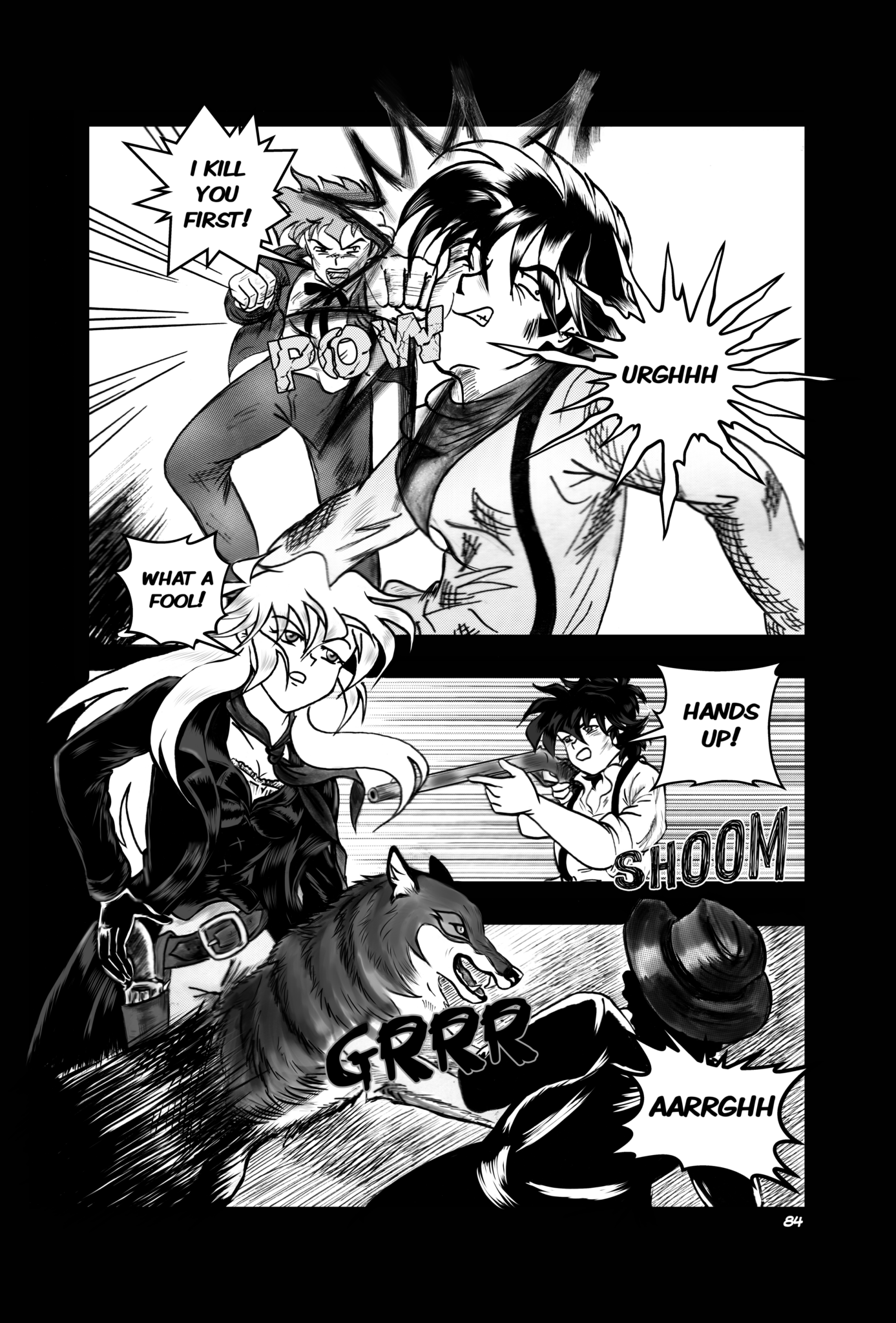 Legends of the West black and white manga page. Tom Sawyer punch a bandit in the face.