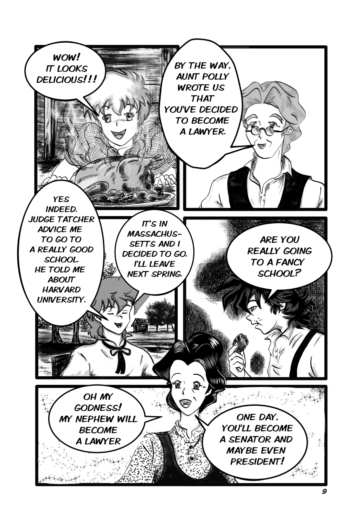 Legends of the West graphic novel page black and white drawing with grey tones, Huckleberry Finn and Tom Sawyer eating outdoor with their relatives. Aunt Sally and Uncle Silas talking and laughing.