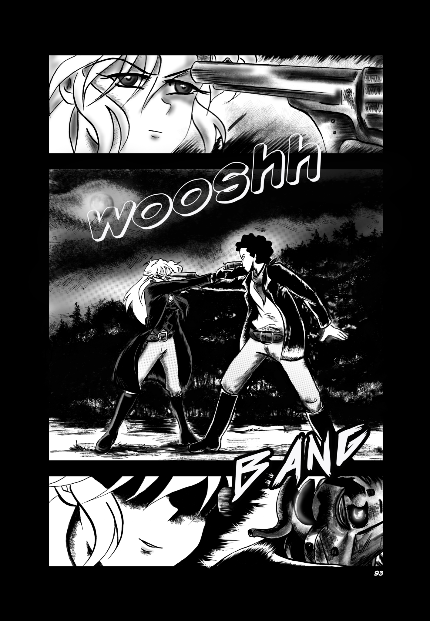 Manga page black and white drawing Sally point s a gun at a bandit's face