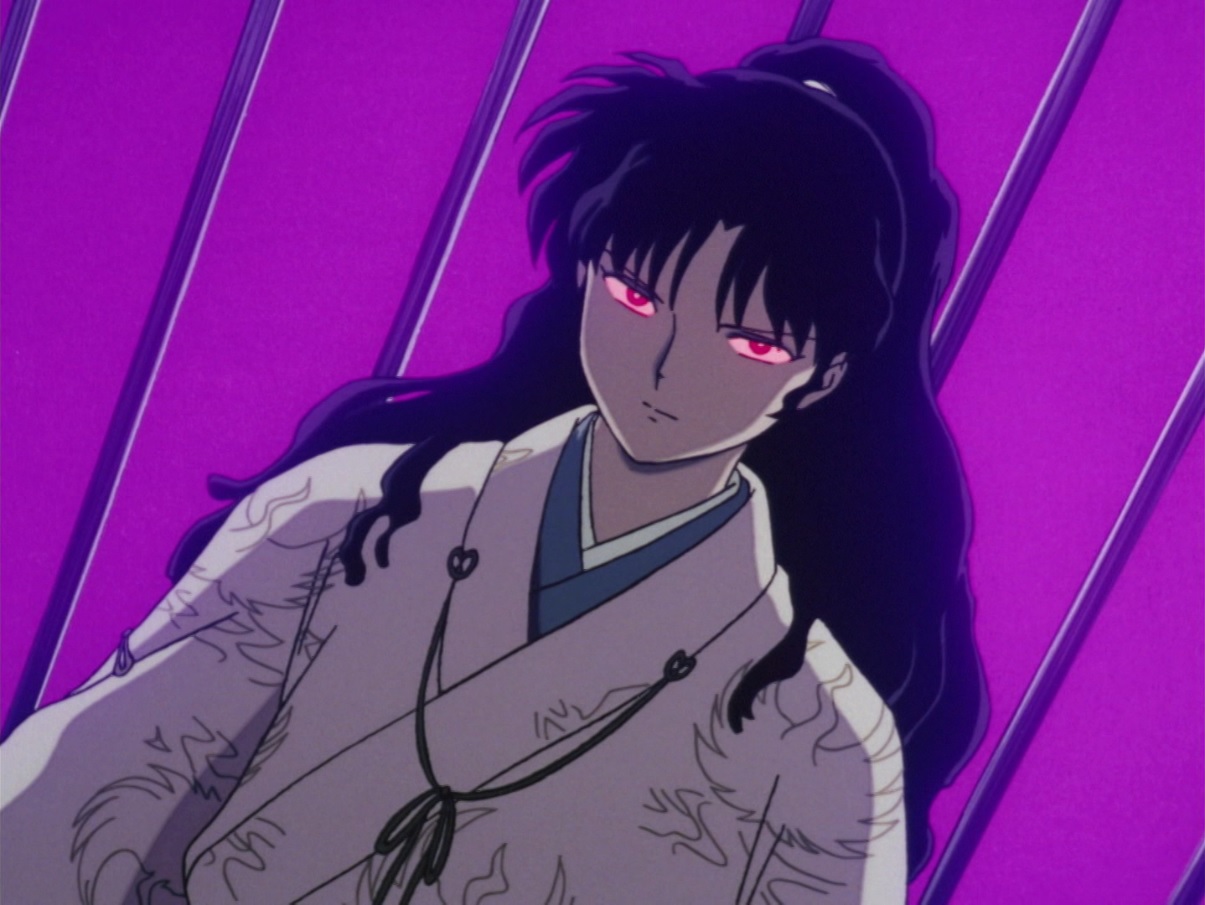 Naraku from Inuyasha anime. NAruku is wearing a kimono, red eyes, purple background.