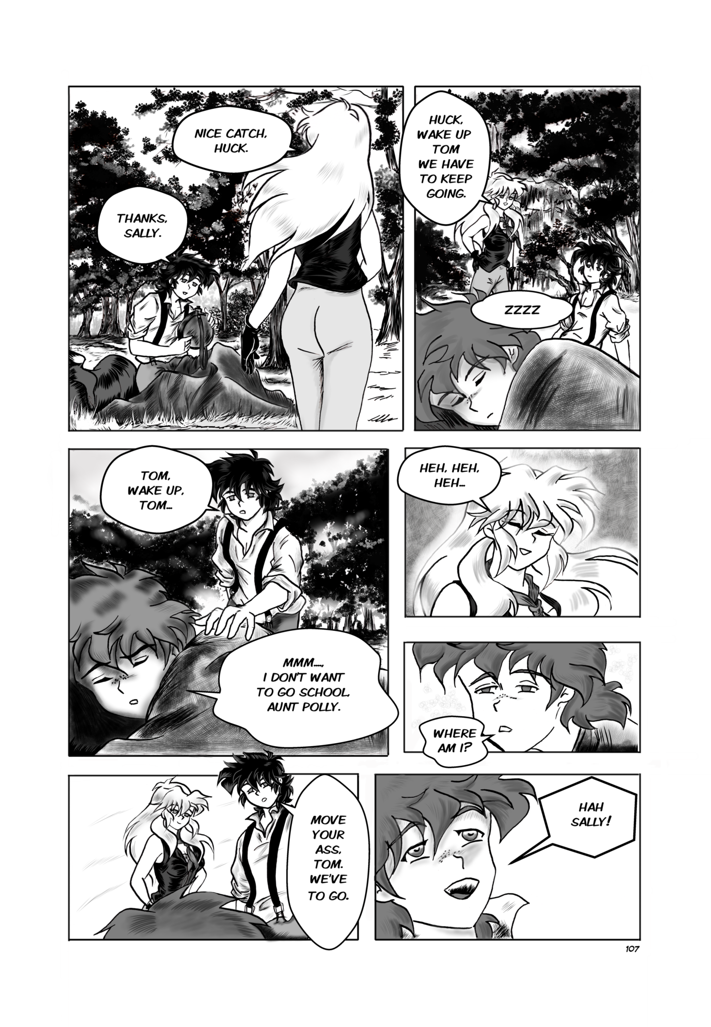 Legends of the West page 107, chapter 3, eight panels, Huck waking up Tom.