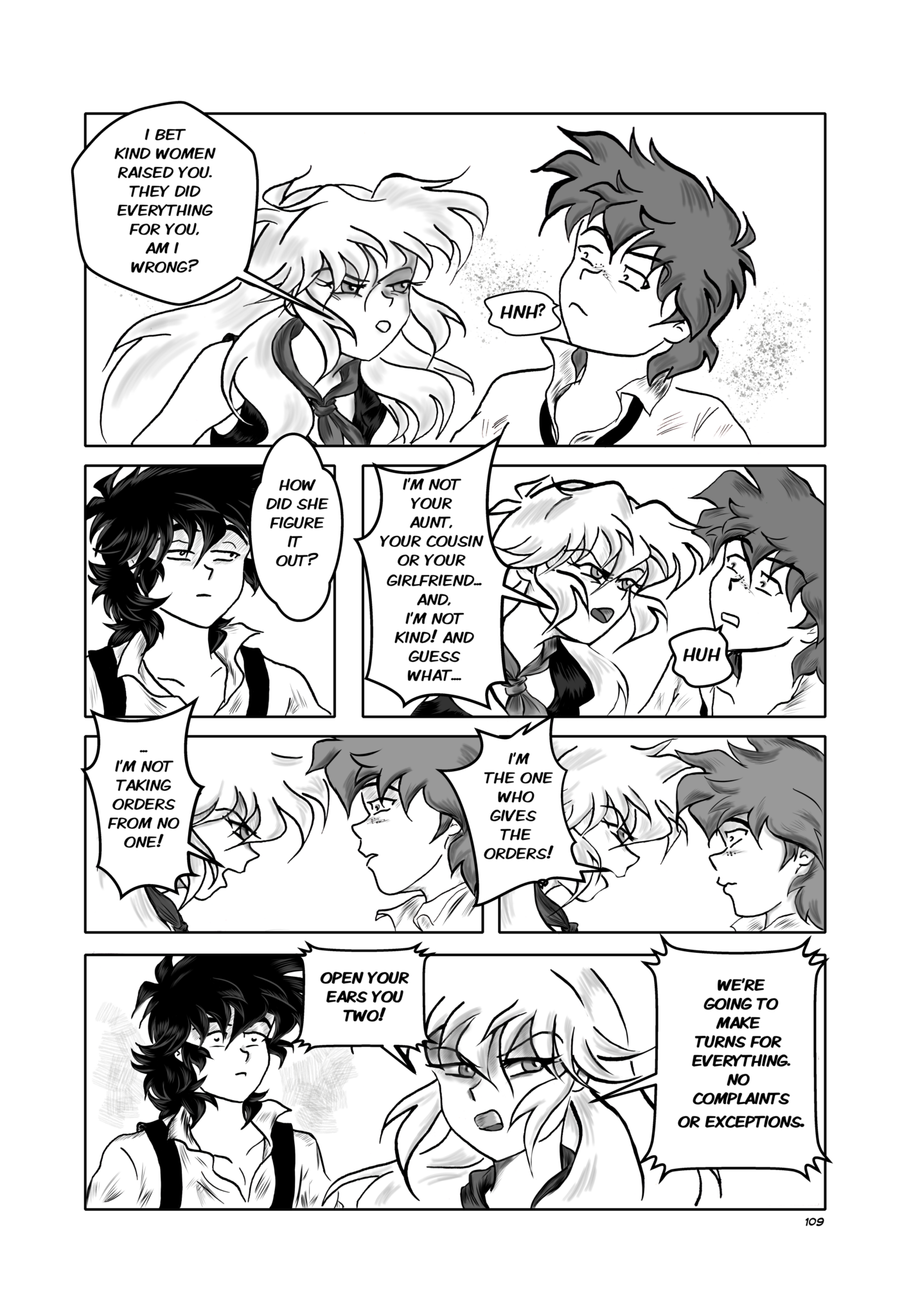 Legends of the West graphic novel, eight panels  black and white , and gray tones. First  panel  Sally is questioning Huck.