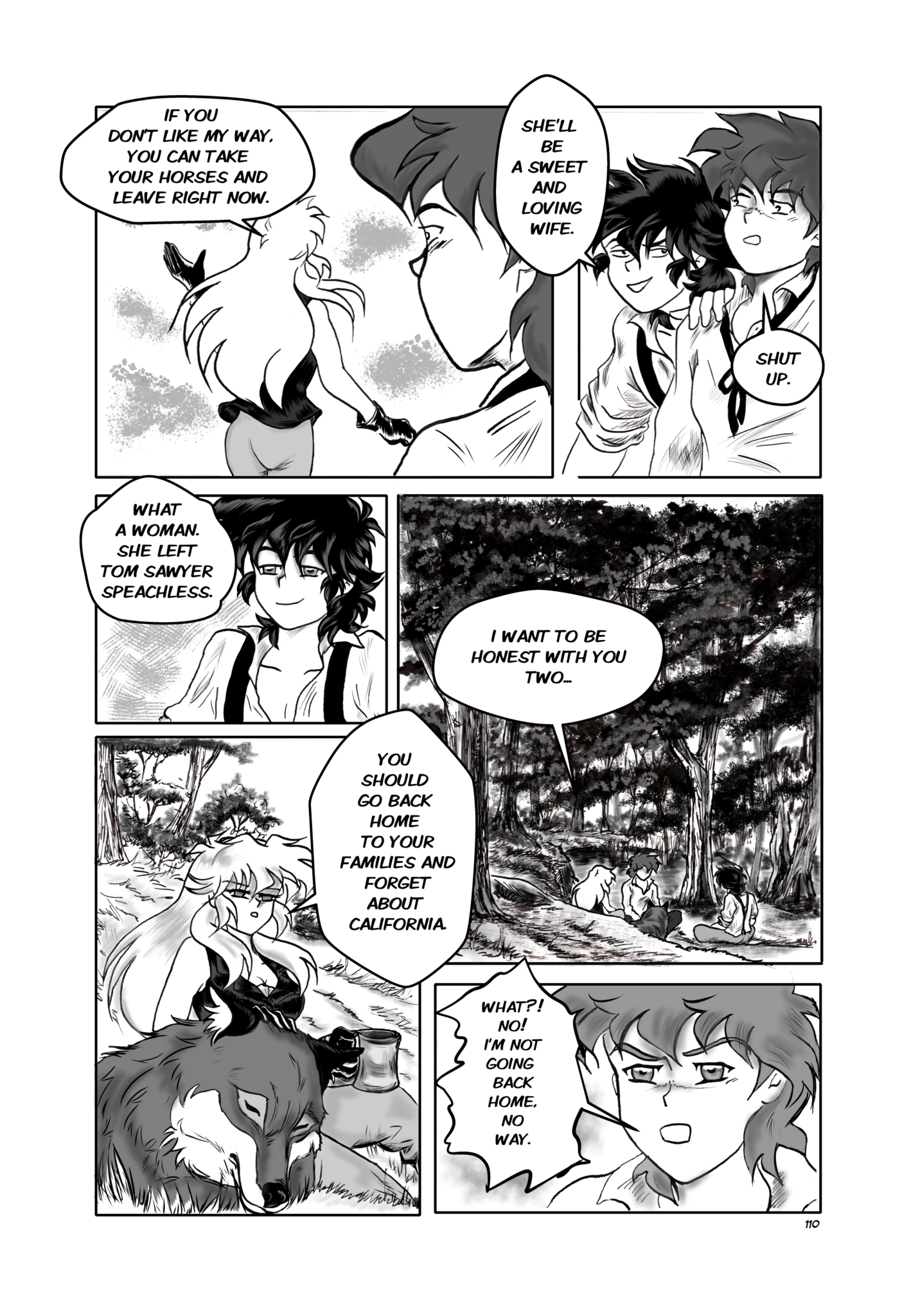 Legends of the West page 110, chapter 3. Six panels page. Huck is making fun of Tom because Sally got upset with him.