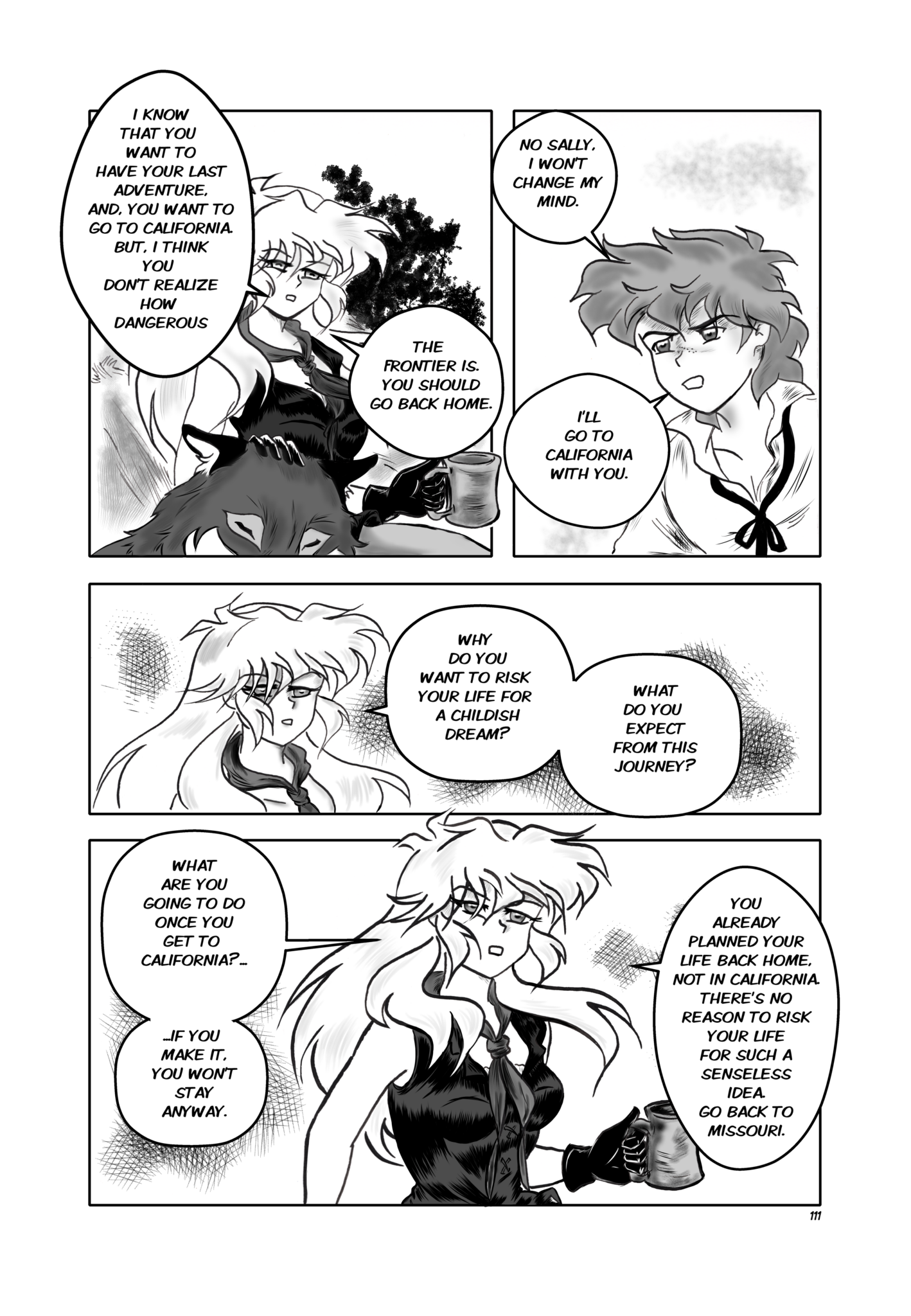 Legends of the West page 111, chapter3. Four panels page Sally is trying to convince Huck and Tom to go back home.