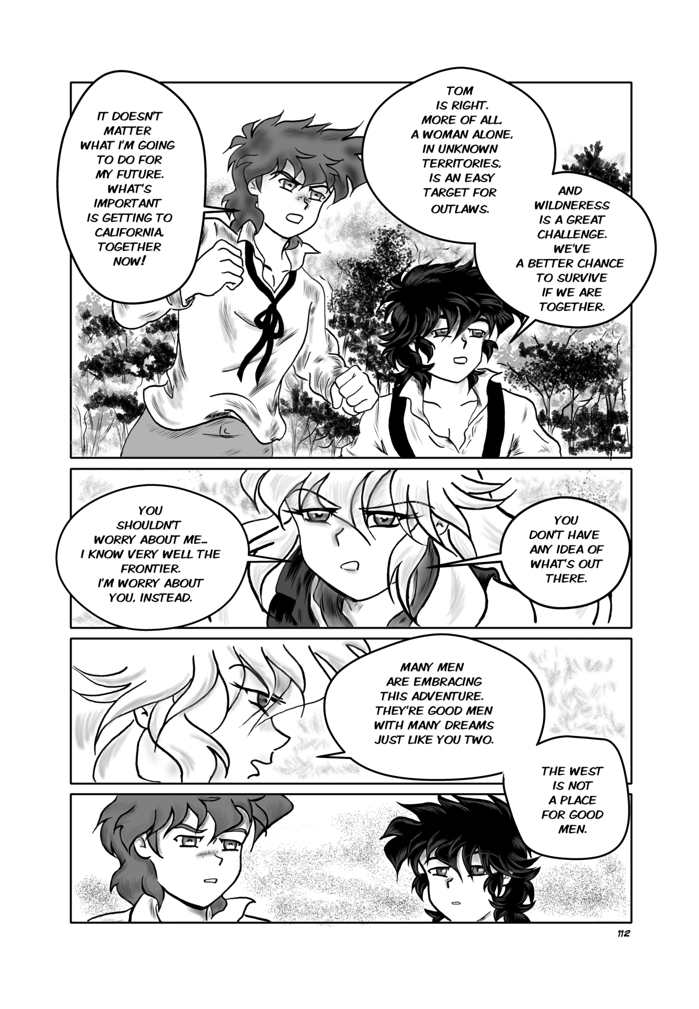 Legends of the West Graphic Novel five panels  page , black and white with grey tones , Tom sawyer tells to Sally about Huck and him story.