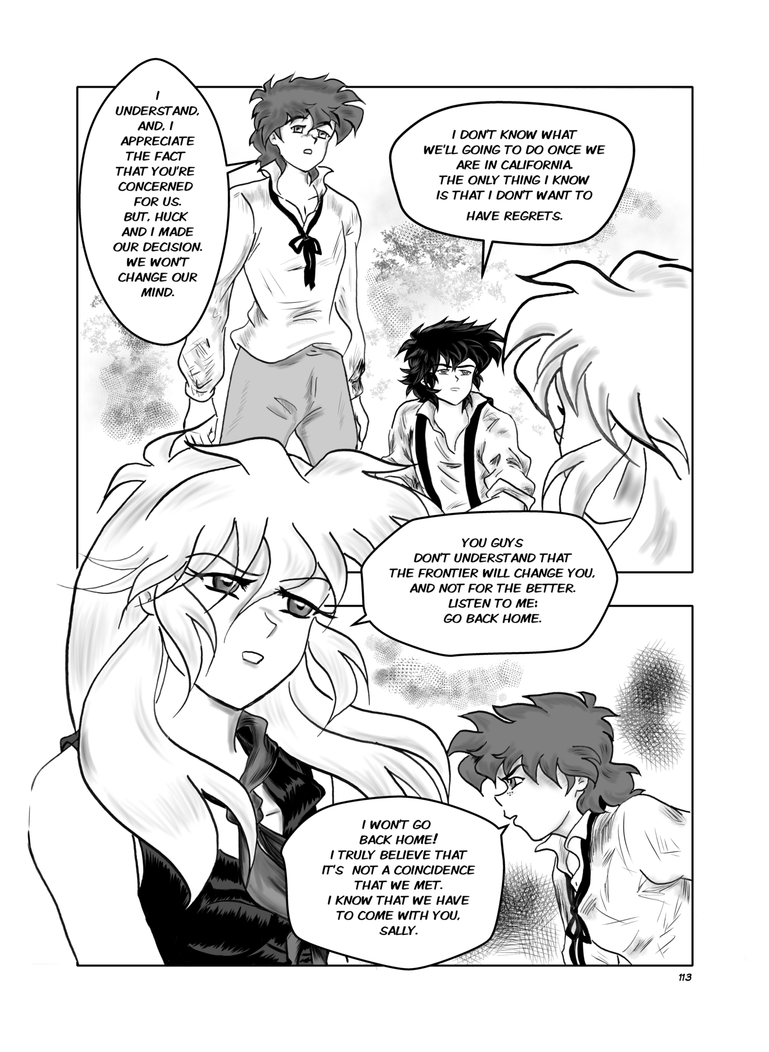 Legends of the West Graphic Novel five panels  page , black and white with grey tones , six panels page  Sally is getting interested on hearing Tom and Huck story.