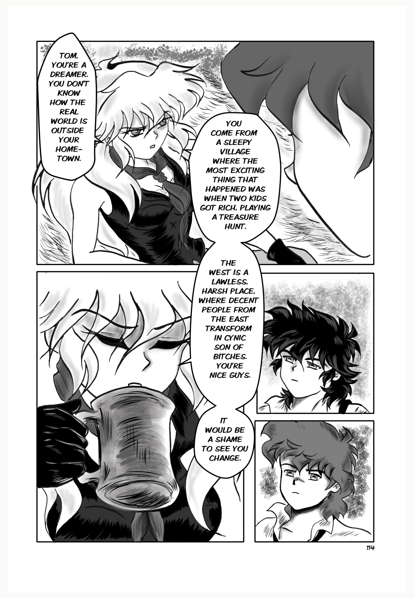 Legends of the West Graphic Novel five panels  page , black and white with grey tones , four panels page , in this page Tom keeps telling to Sally about their lives in their hometown in Missouri.