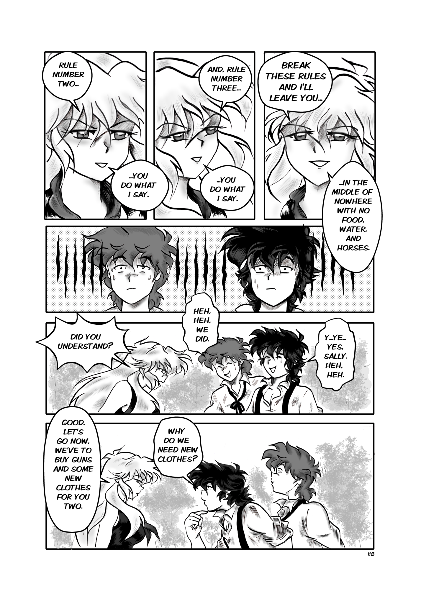 Legends of the West page 118 chapter 3. Six panels page. Sally tells to Huck and Tom her rules.