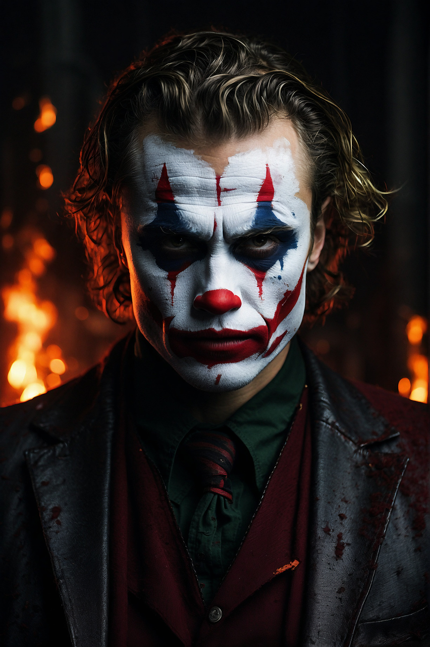 AI generated image of the Joker, flames in the background.