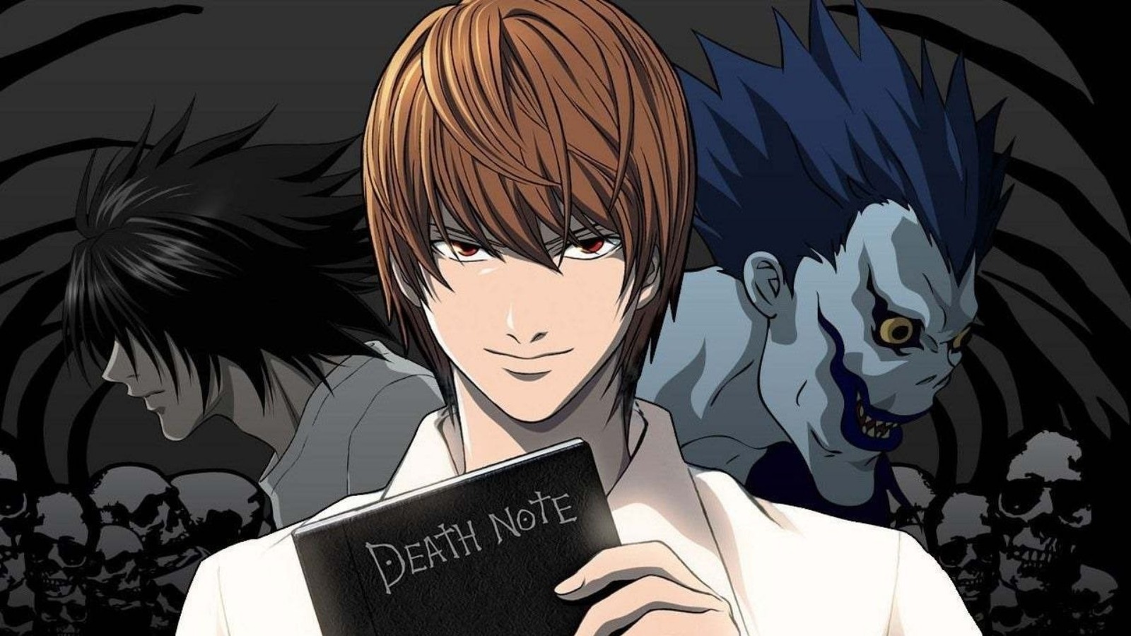 Light Yagami the villain in the anime Death Note. Light is holding the note book smiling , in the background there's his friend demon.